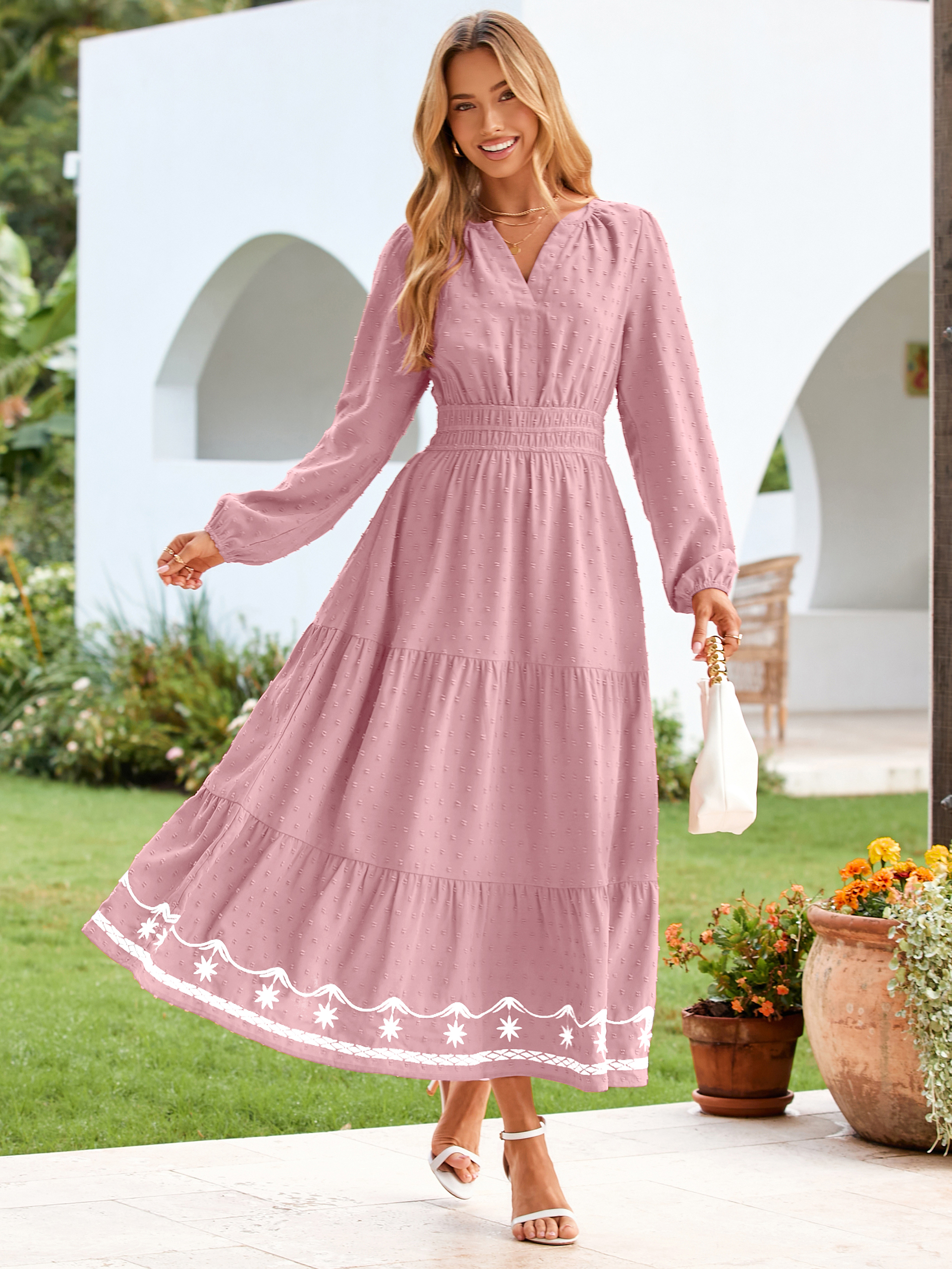 Boho V Neck Swiss Dot Long Sleeve Maxi Dress - Pink