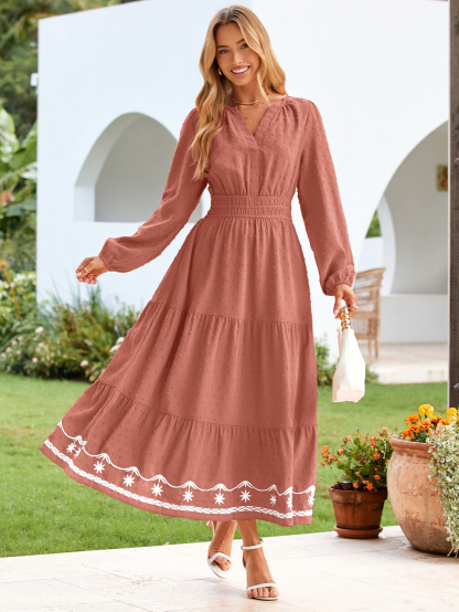 Boho V Neck Swiss Dot Long Sleeve Maxi Dress - Rust Pink