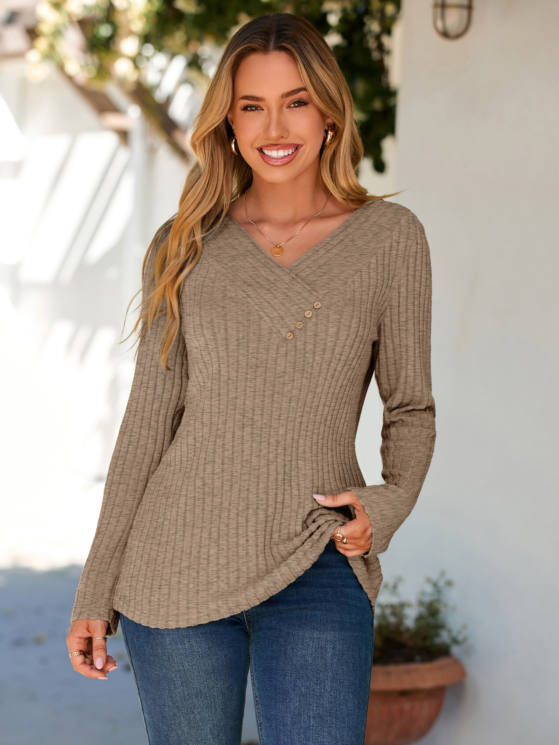 Button V Neck Comfy long Sleeve Tunic Top - Coffee