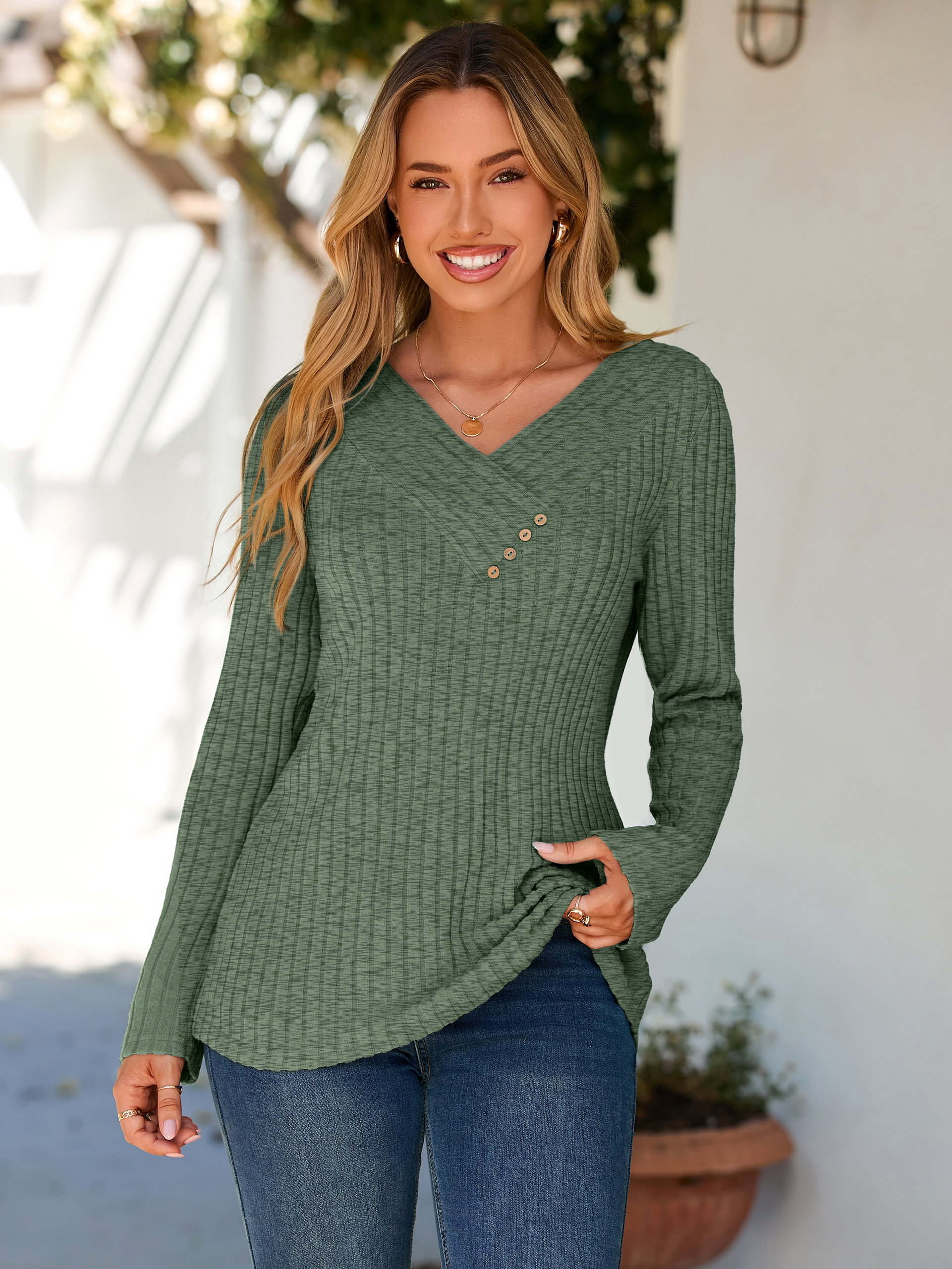 Button V Neck Comfy long Sleeve Tunic Top - Army Green