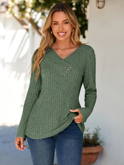 Button V Neck Comfy long Sleeve Tunic Top - Army Green