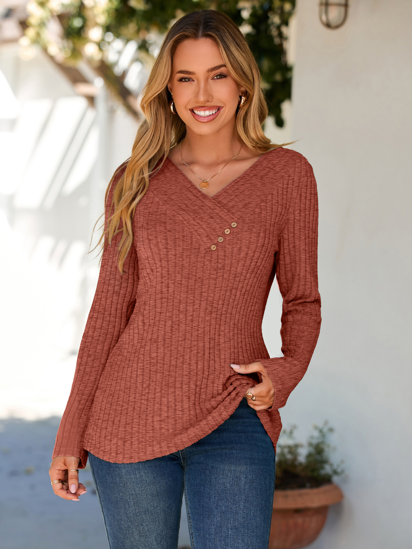 Button V Neck Comfy long Sleeve Tunic Top - Orange