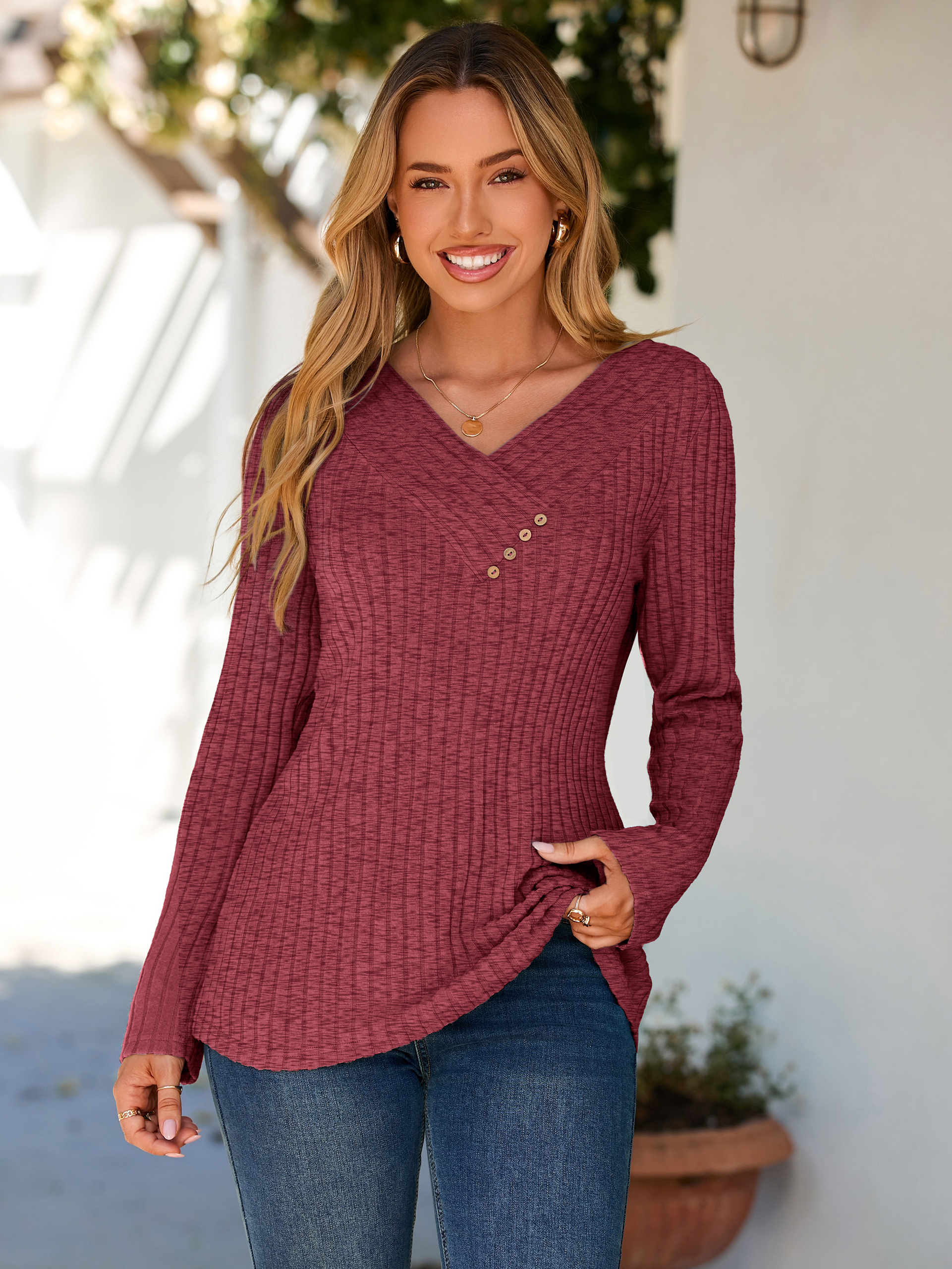 Button V Neck Comfy long Sleeve Tunic Top - Wine Red