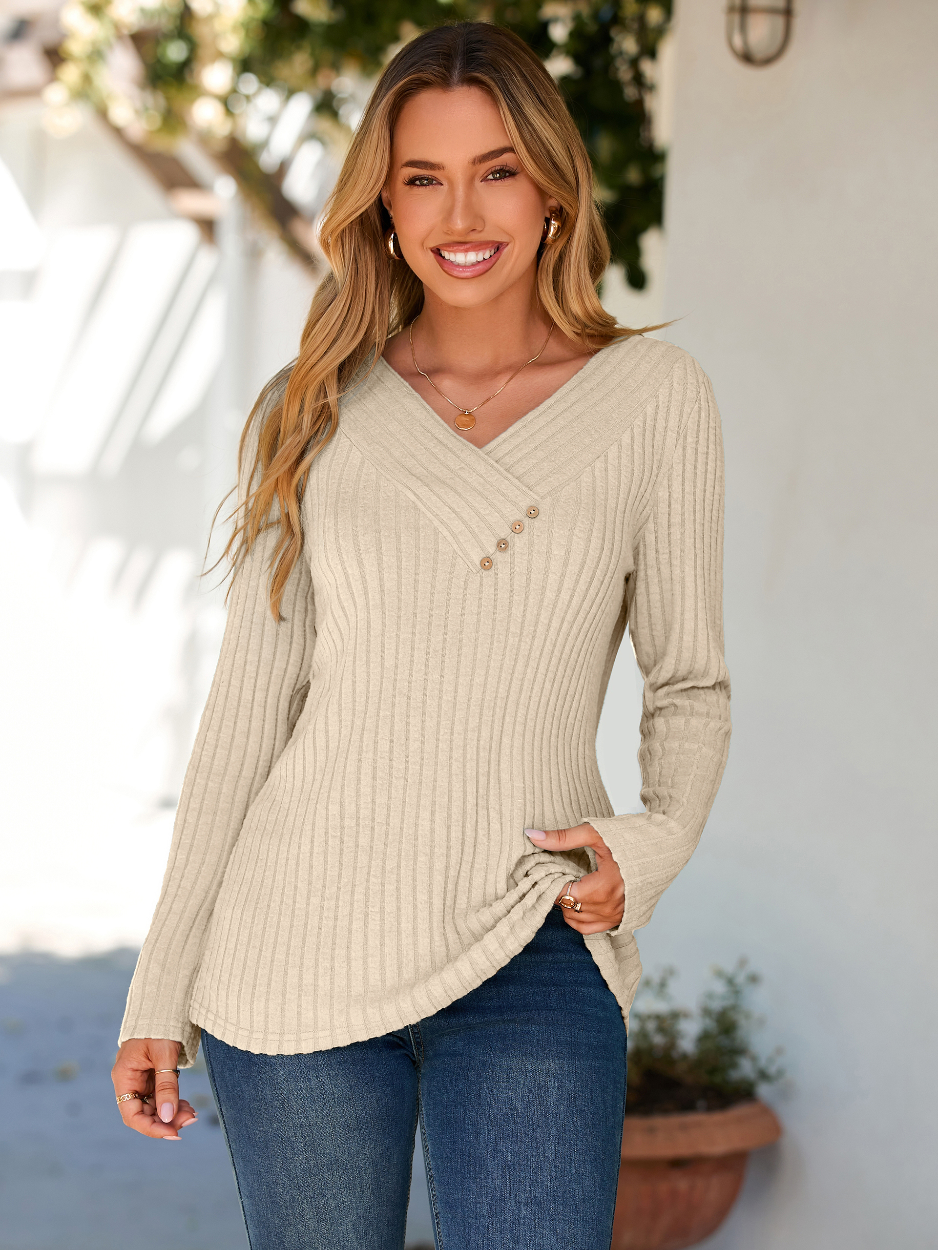 Button V Neck Comfy long Sleeve Tunic Top - Apricot