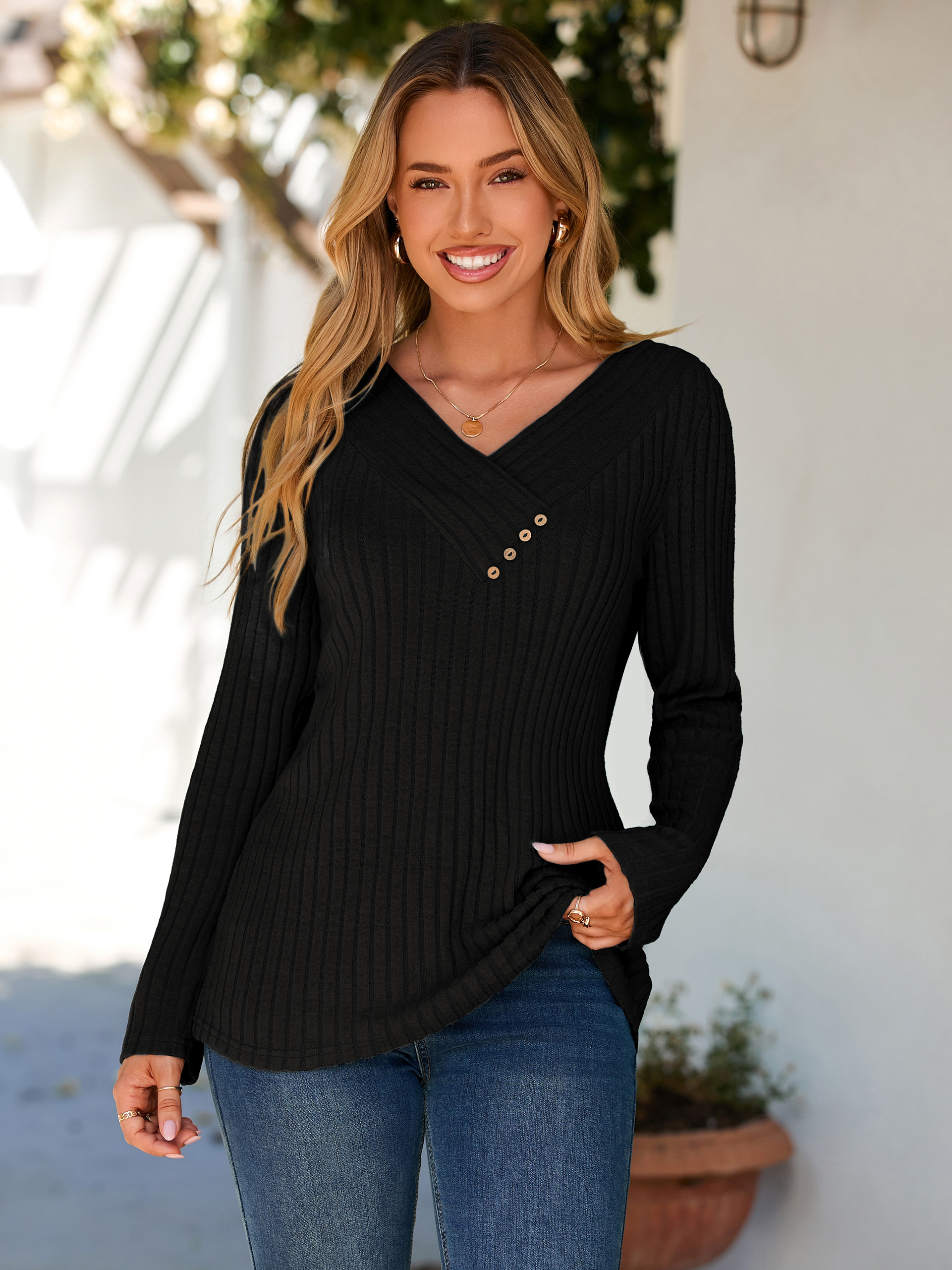 Button V Neck Comfy long Sleeve Tunic Top - Black