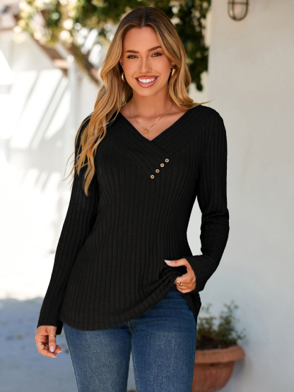 Button V Neck Comfy long Sleeve Tunic Top - Black