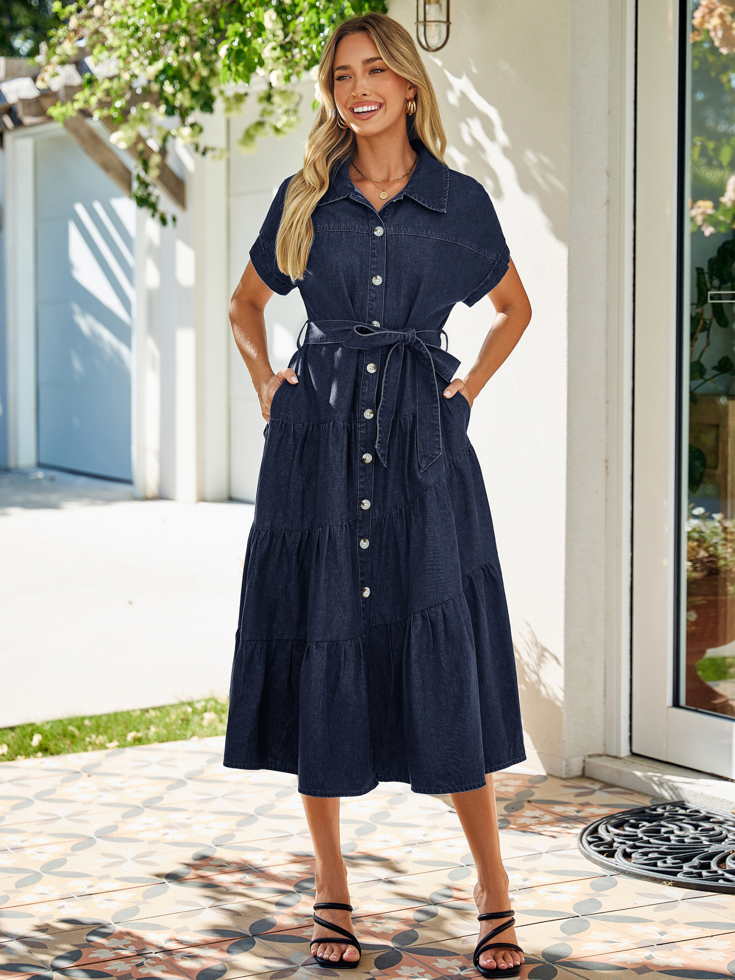 Short Sleeve Denim Belted Tiered Maxi Dress