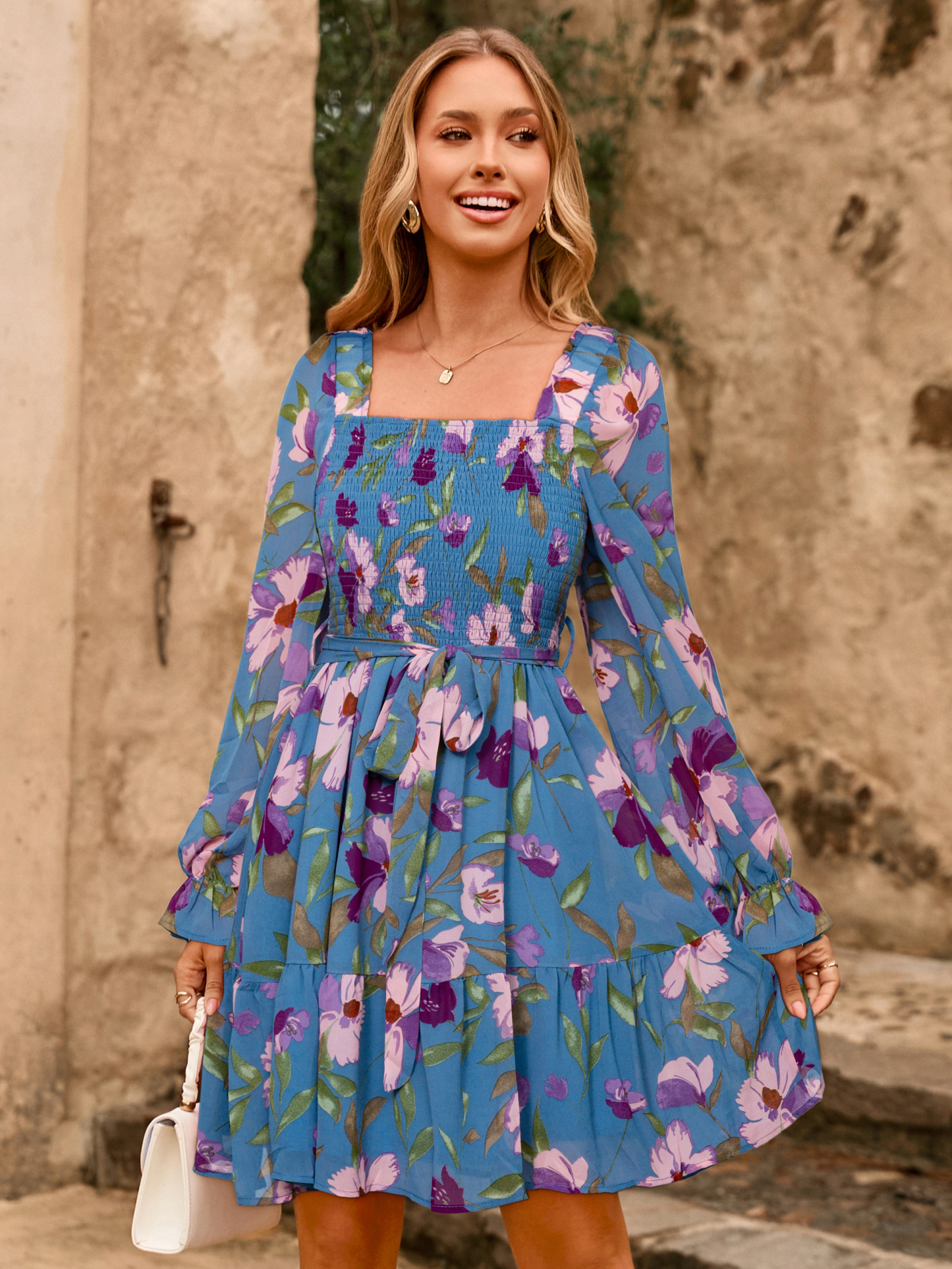 Boho Floral Chiffon Smocked Mini Dress - Blue Floral