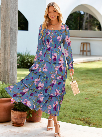 Floral Chiffon Tiered Smocked Wedding Guest Dress - Blue Floral