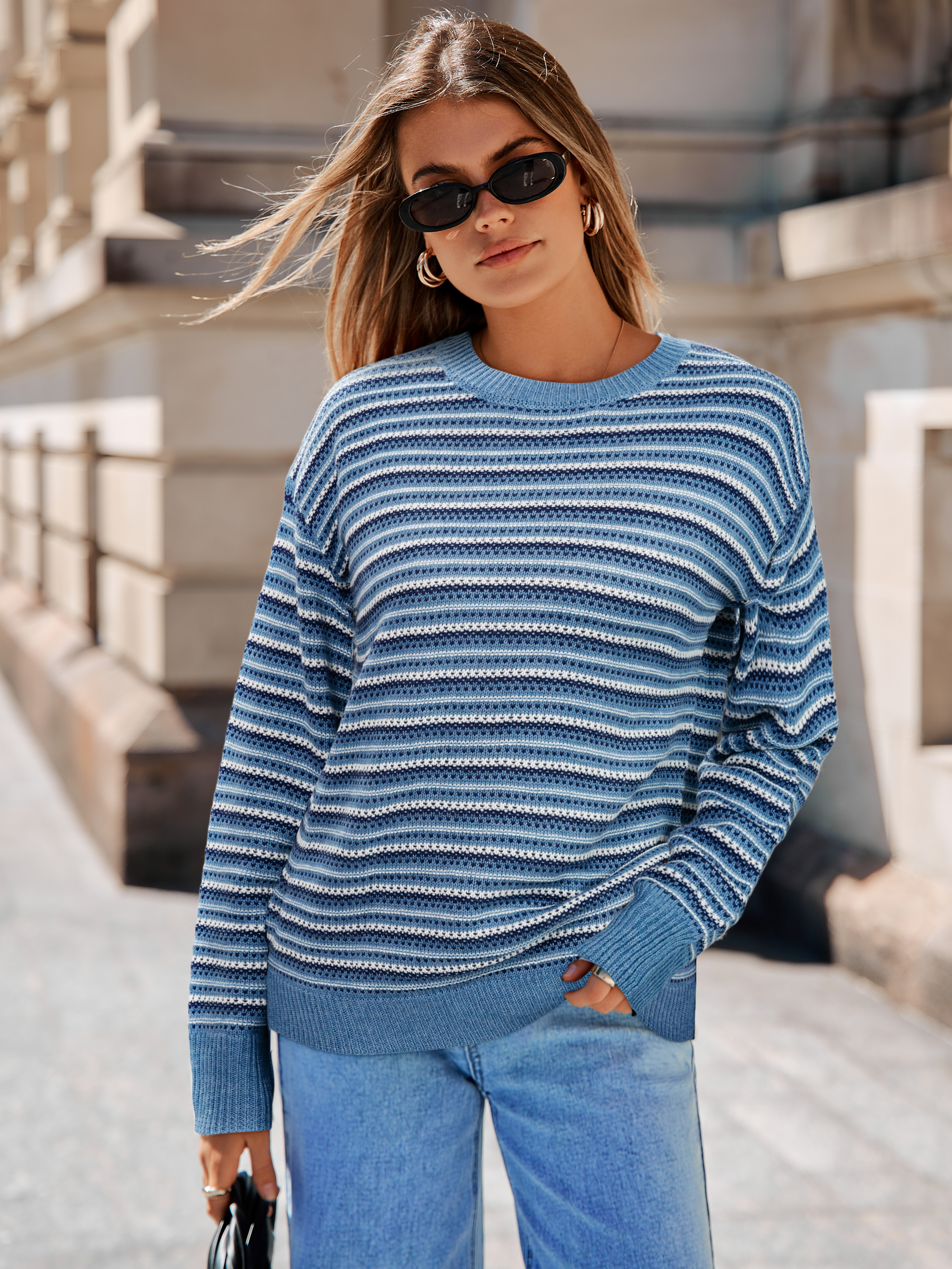 Striped Patchwork Crew Neck Knit Sweater Top - Blue White