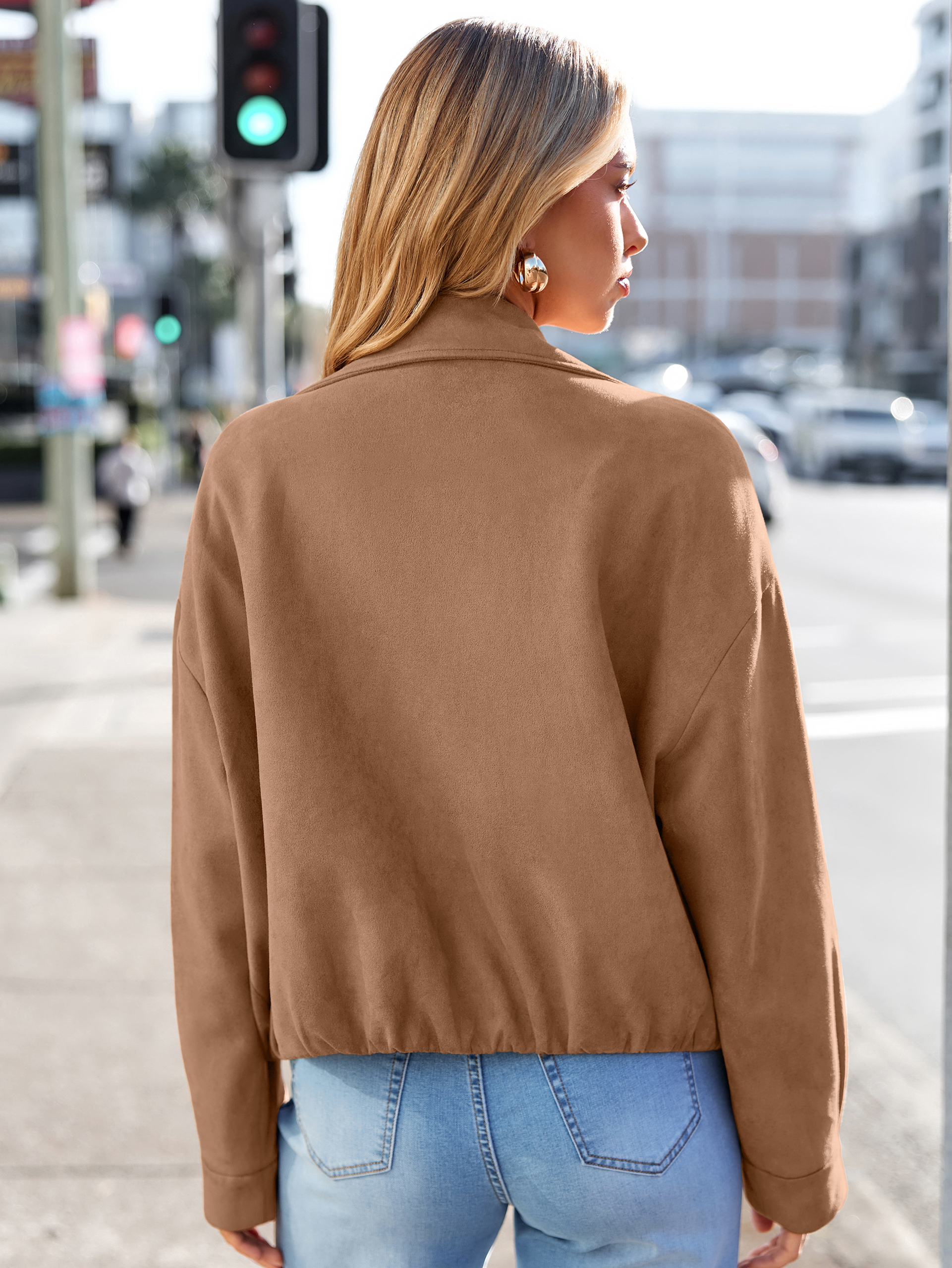 Casual Lapel Zip Front Faux Suede Bomber Jacket
