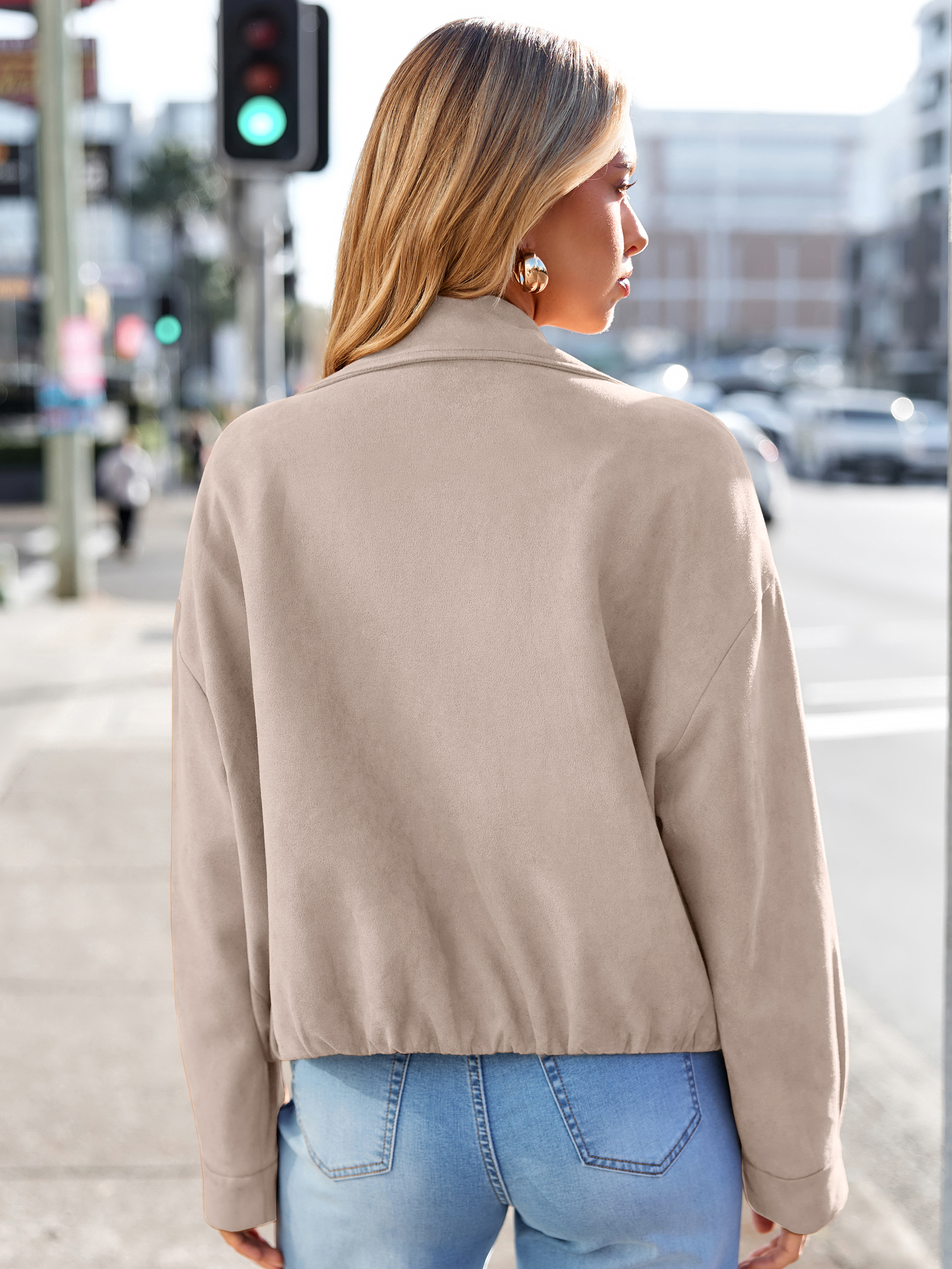 Casual Lapel Zip Front Faux Suede Bomber Jacket