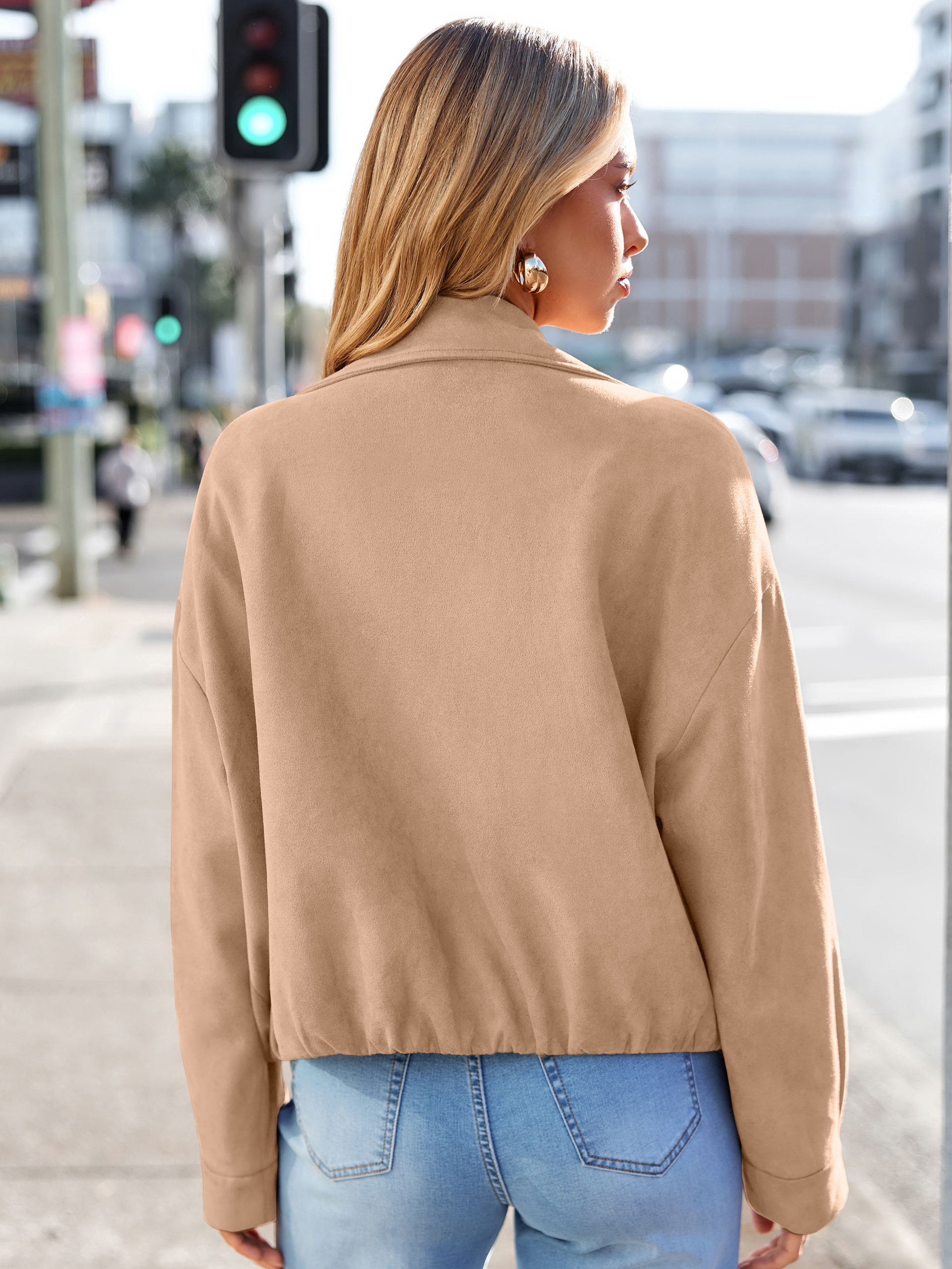 Casual Lapel Zip Front Faux Suede Bomber Jacket