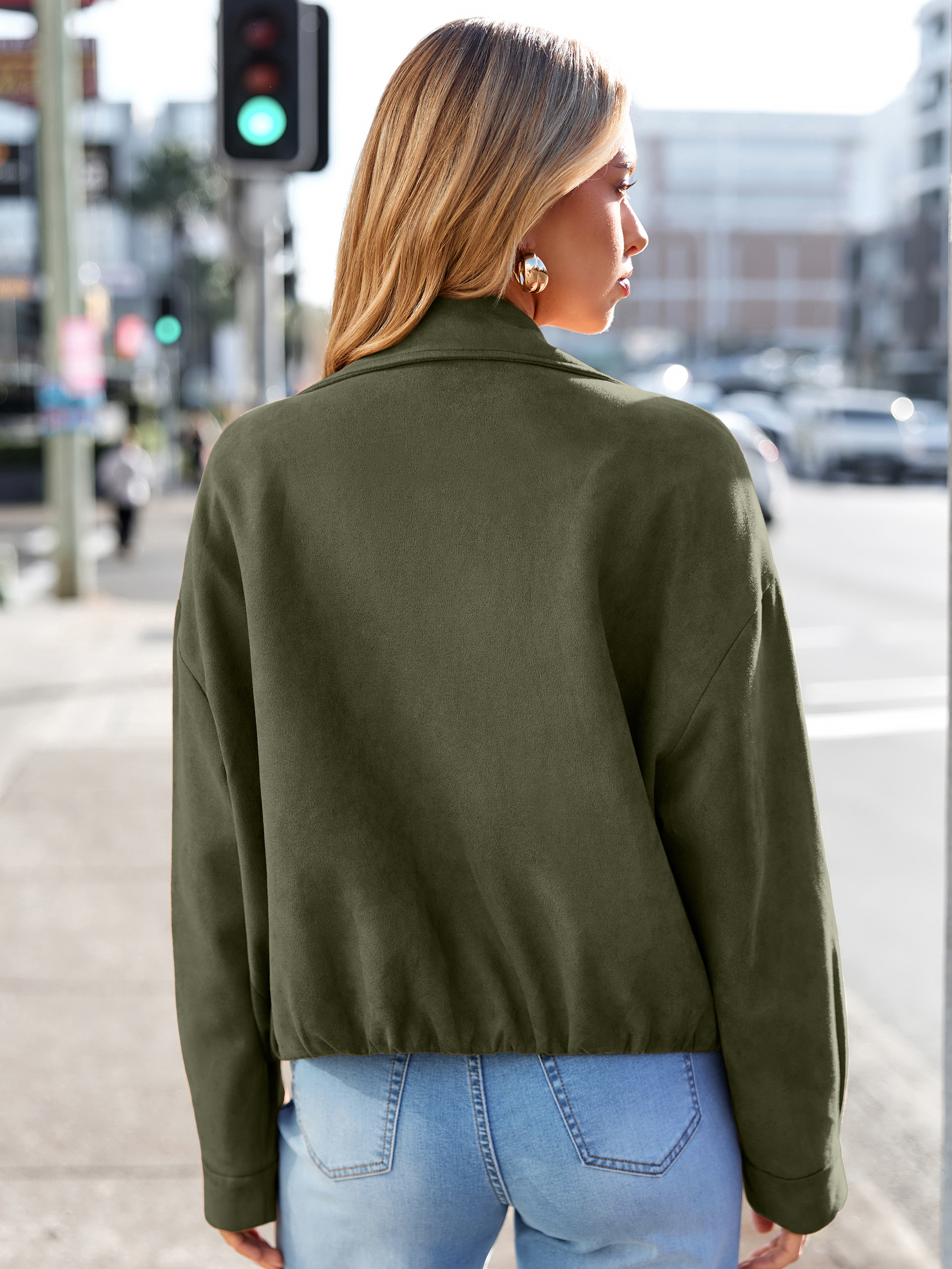 Casual Lapel Zip Front Faux Suede Bomber Jacket