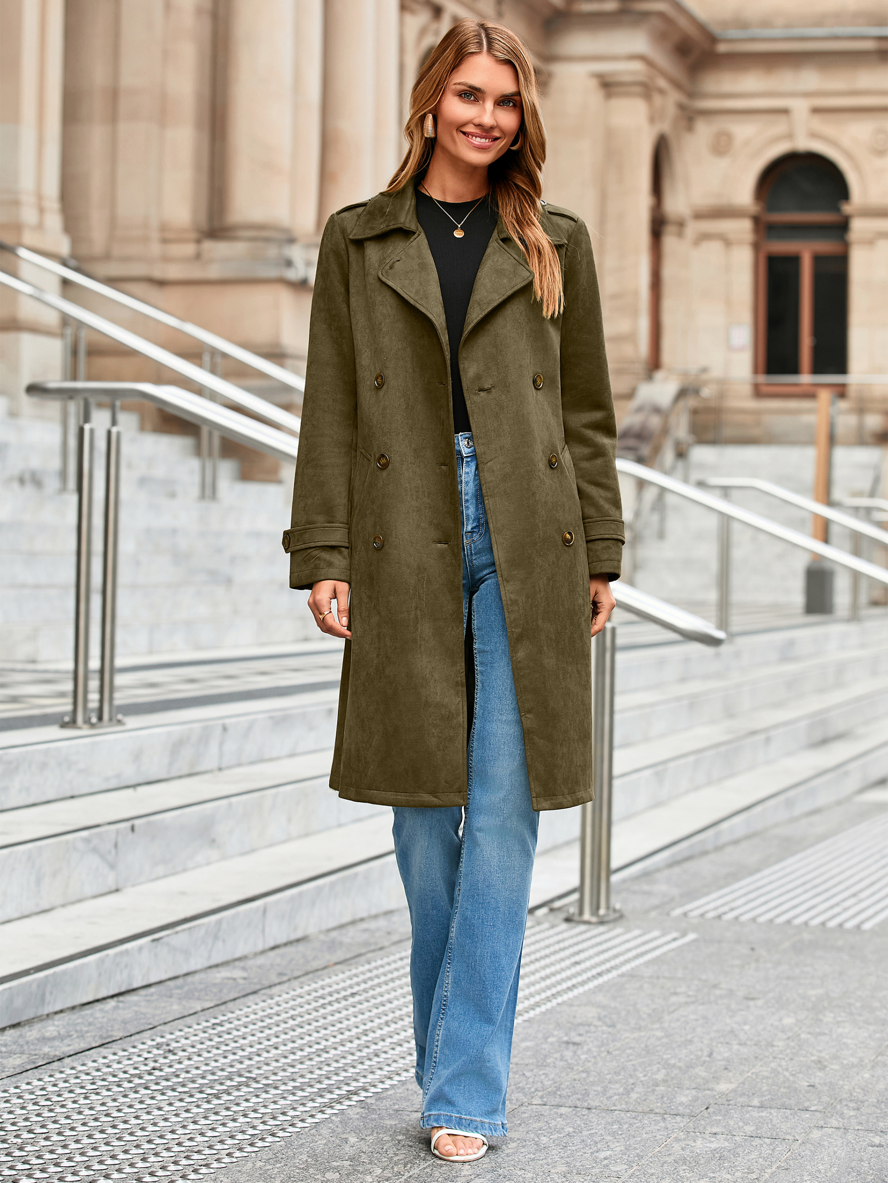Double Breasted Suede Lapel Belted Trench Coat - Glamaker