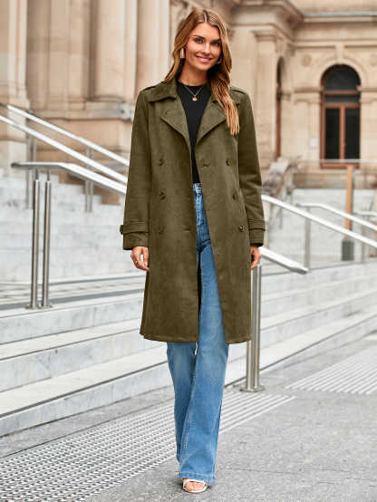 Double Breasted Suede Lapel Belted Trench Coat - Army Green