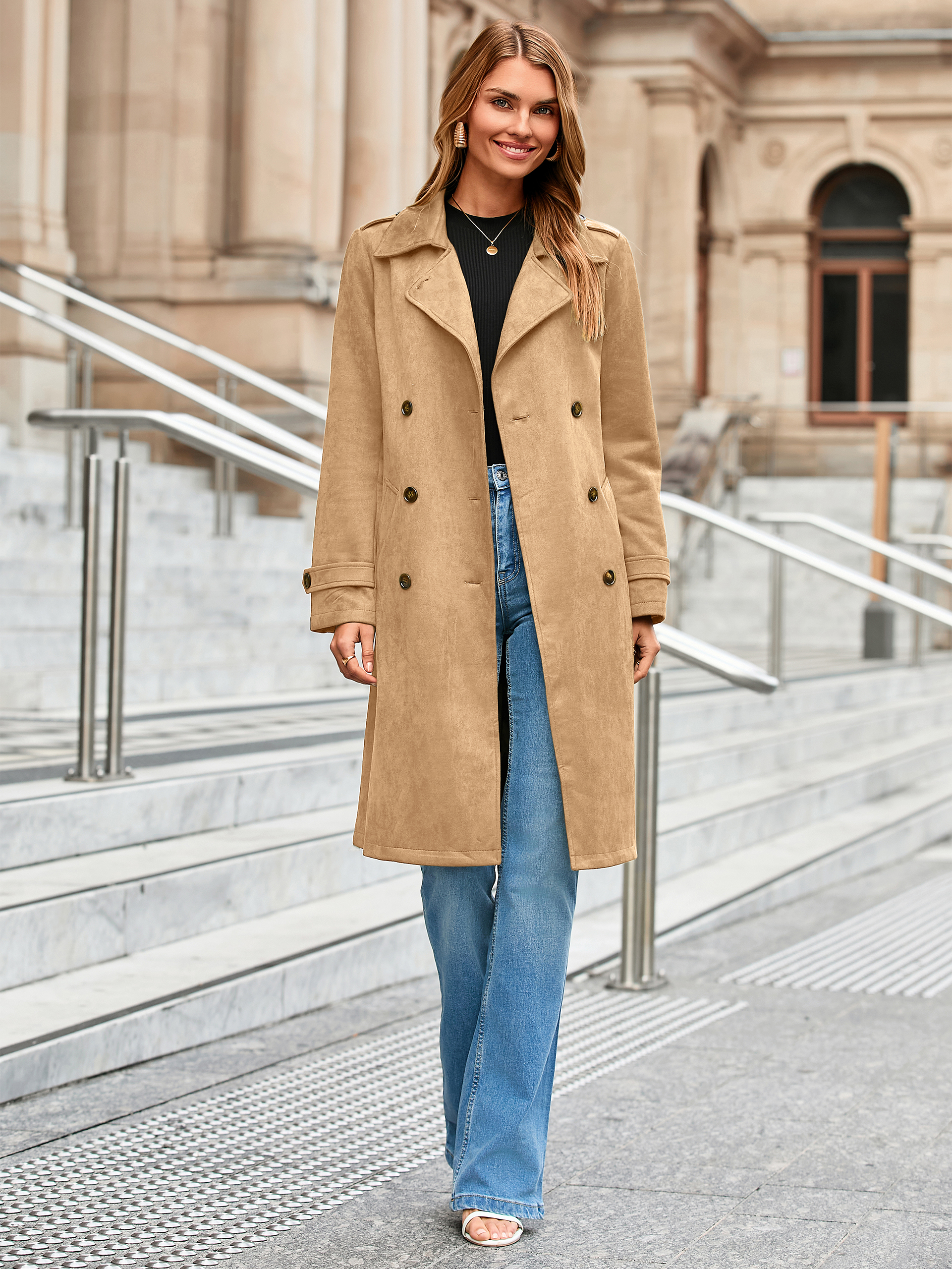 Double Breasted Suede Lapel Belted Trench Coat - Camel
