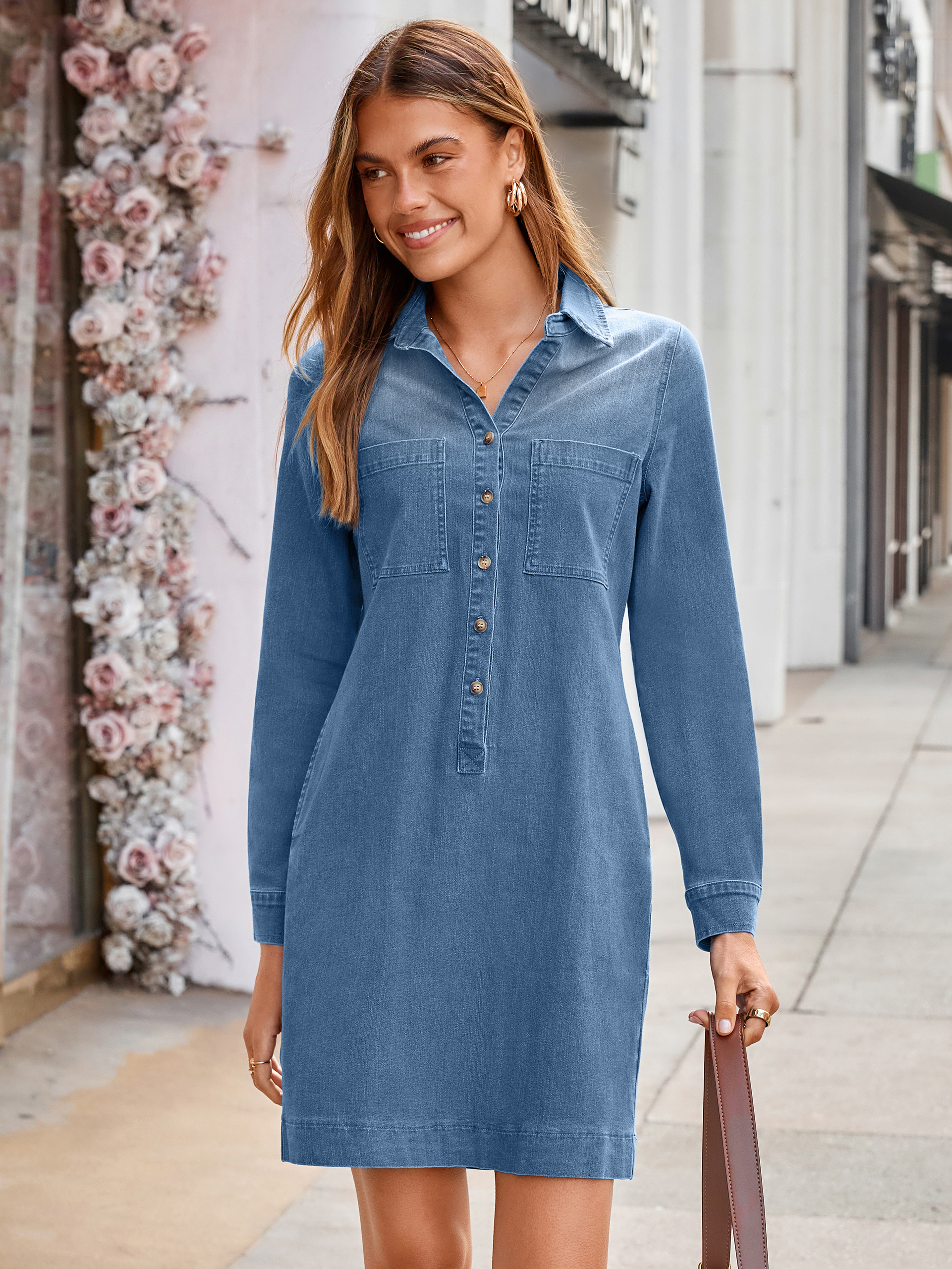 Long Sleeve Pocket Denim Mini Shirt Dress