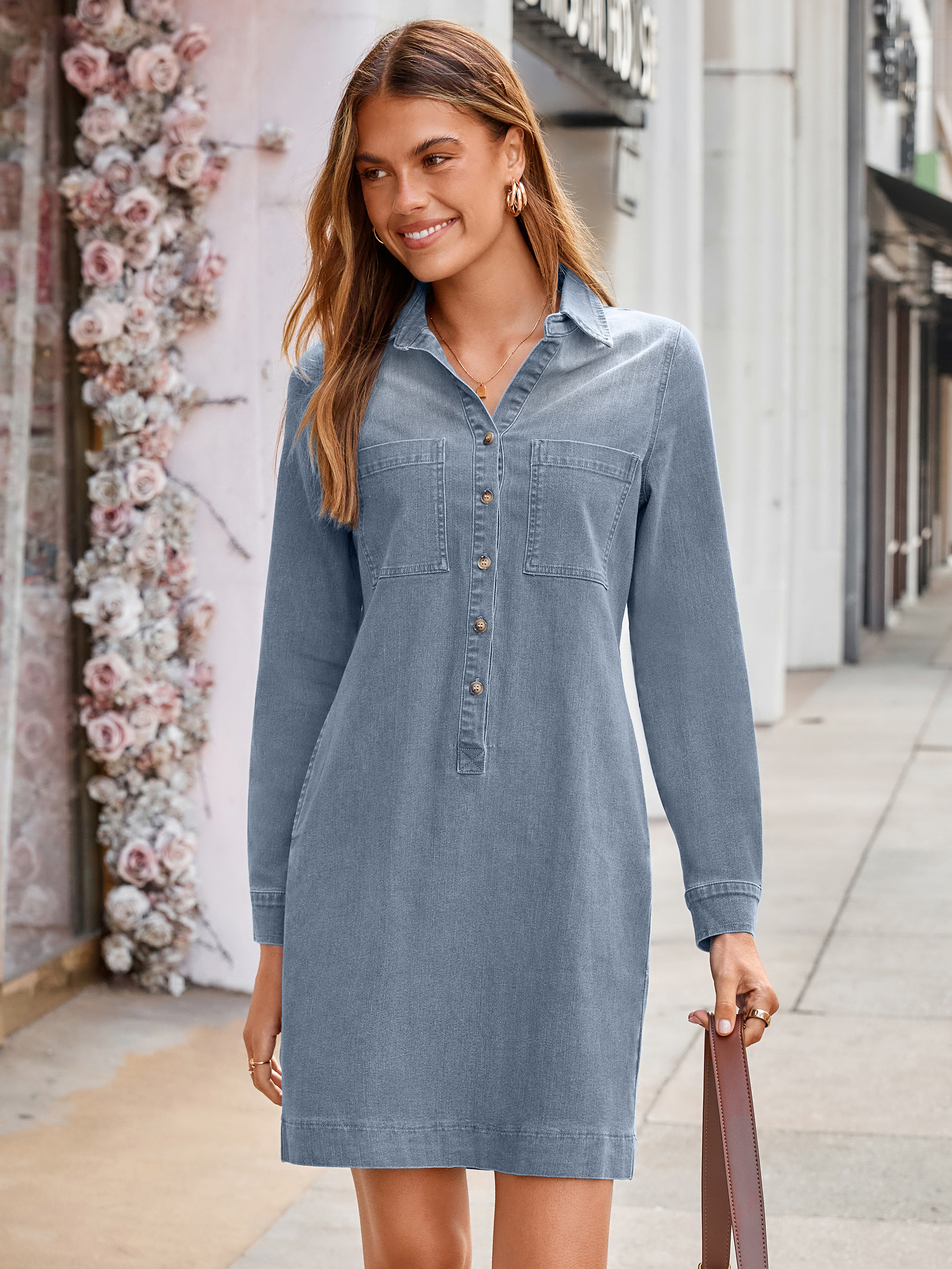 Long Sleeve Pocket Denim Mini Shirt Dress