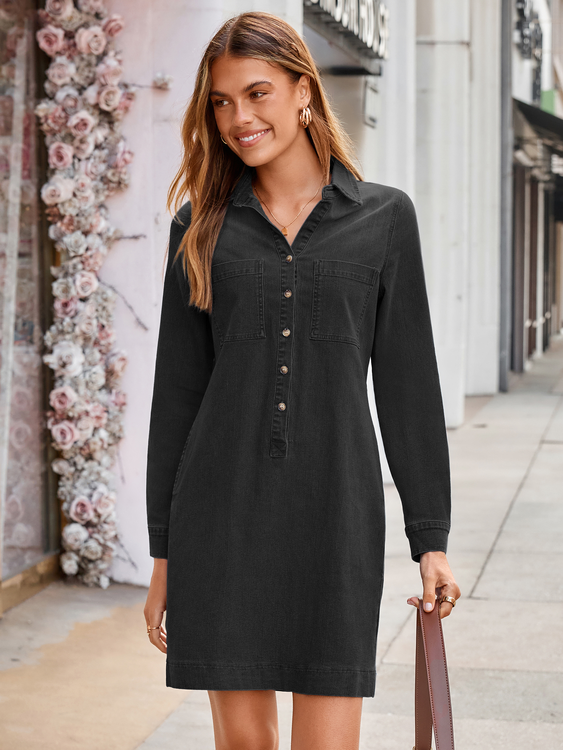 Long Sleeve Pocket Denim Mini Shirt Dress