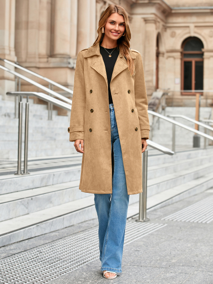 Double Breasted Suede Lapel Belted Trench Coat - Camel