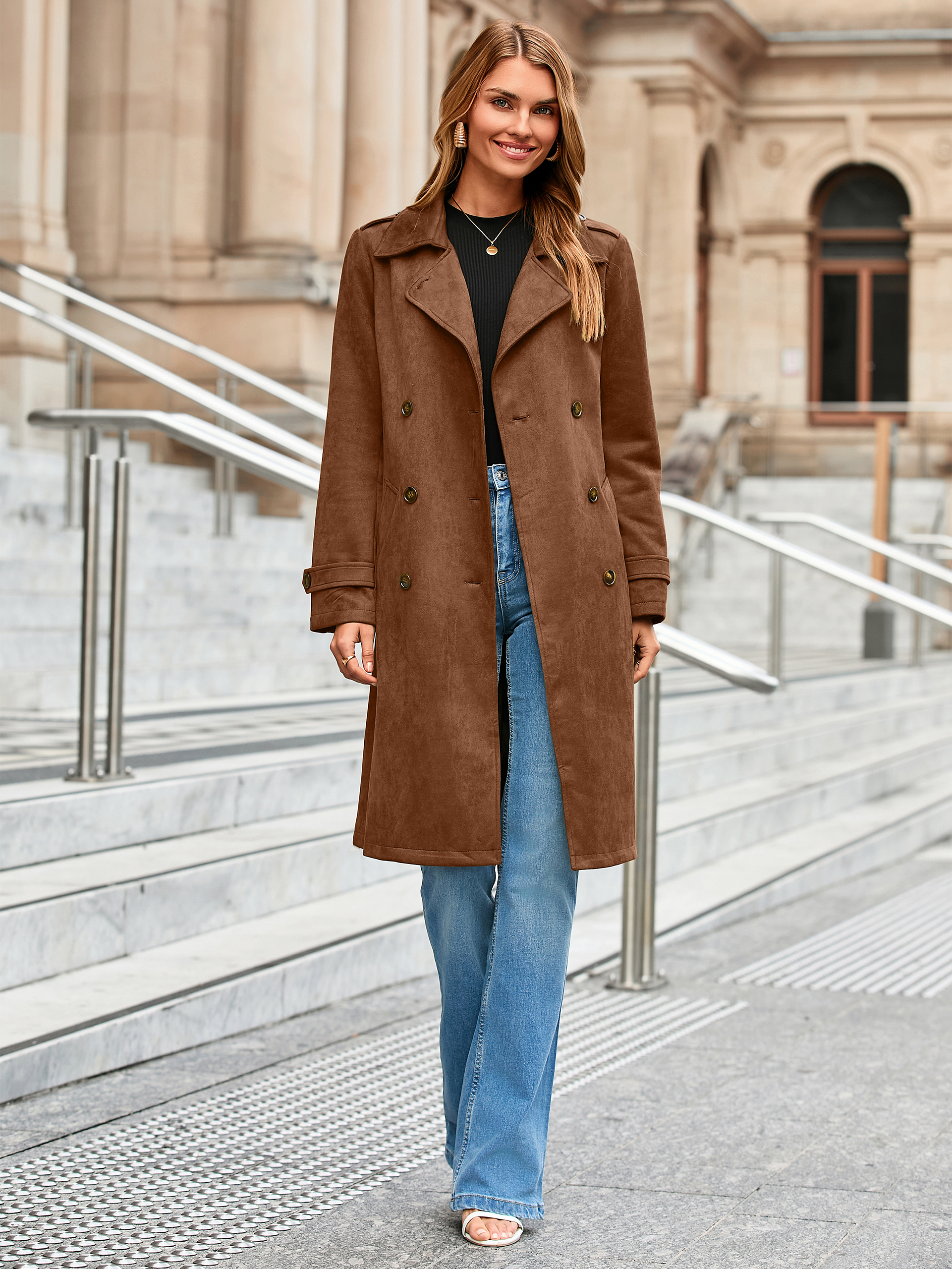 Double Breasted Suede Lapel Belted Trench Coat - Khaki