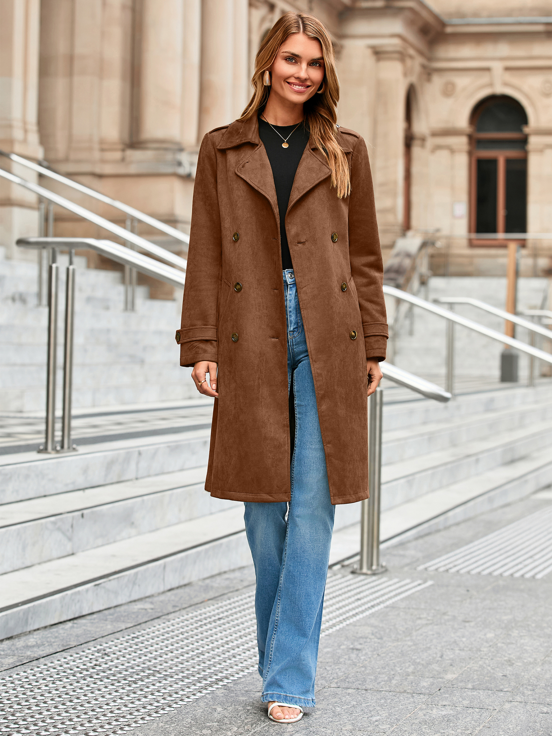 Double Breasted Suede Lapel Belted Trench Coat - Khaki