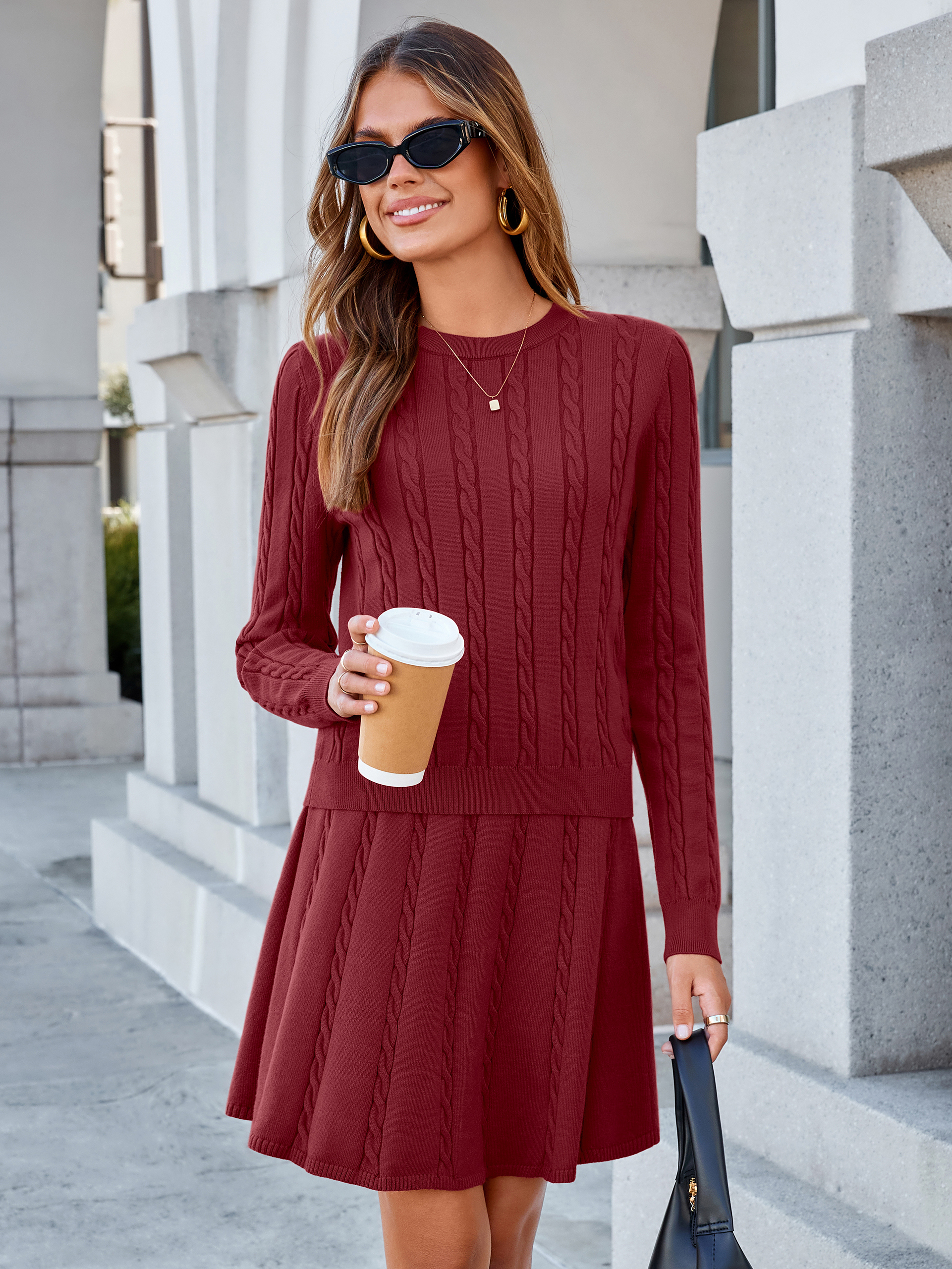 Cable Knit Long Sleeve Sweater Pleated Mini Skirt Set