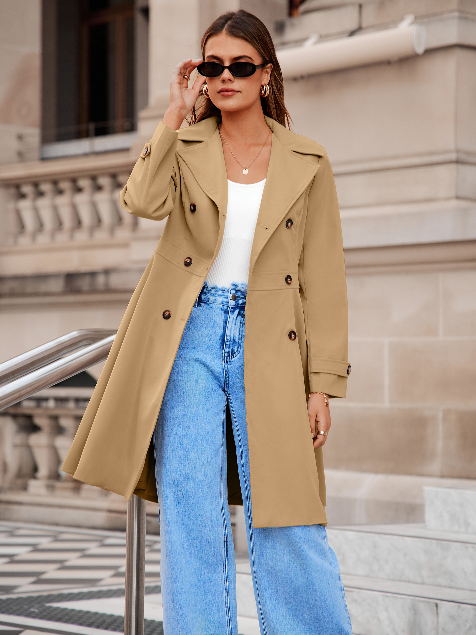 Double Breasted Ruffle Lapel Long Trench Coat - Khaki