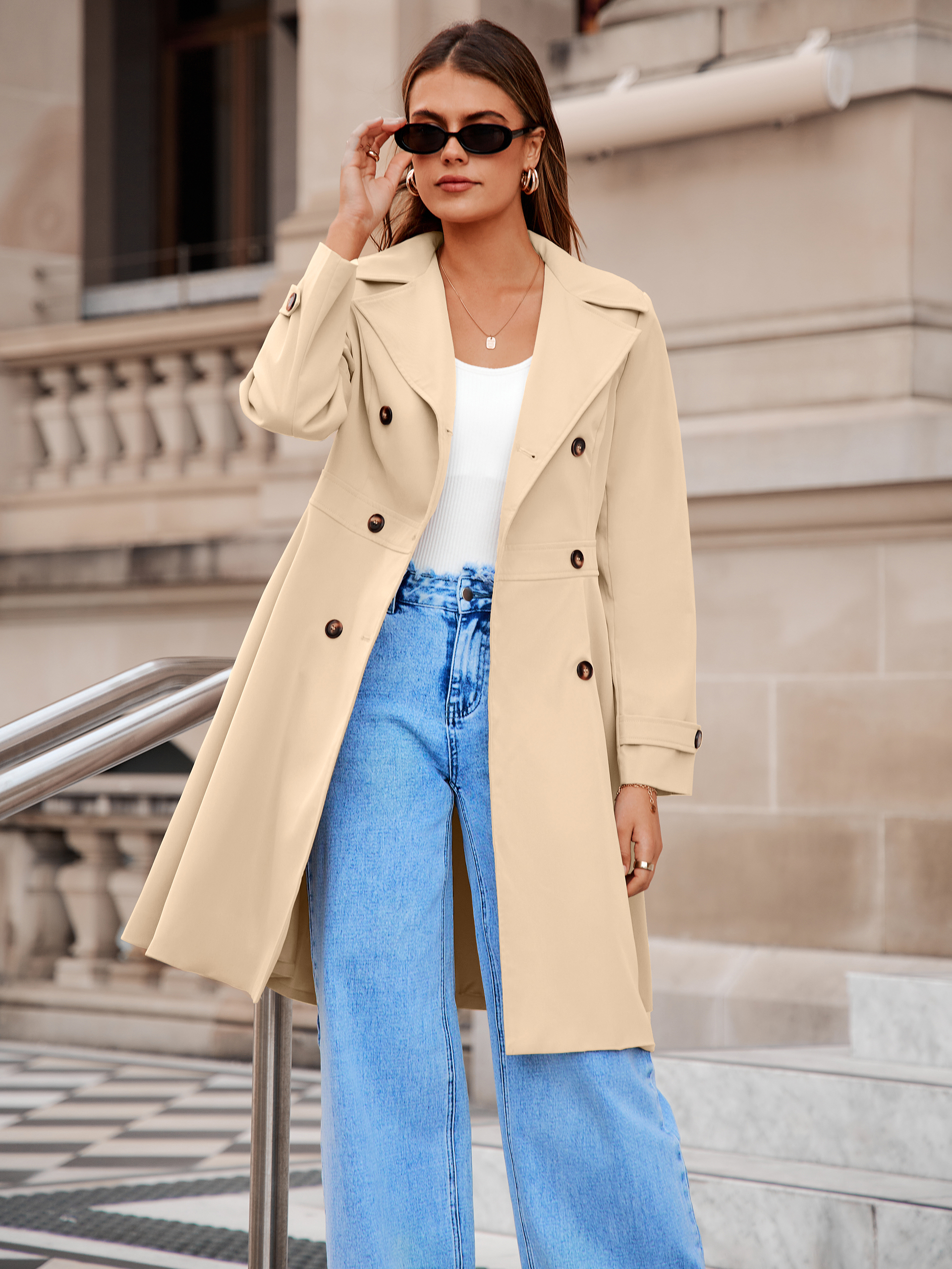 Double Breasted Ruffle Lapel Long Trench Coat - Light Khaki