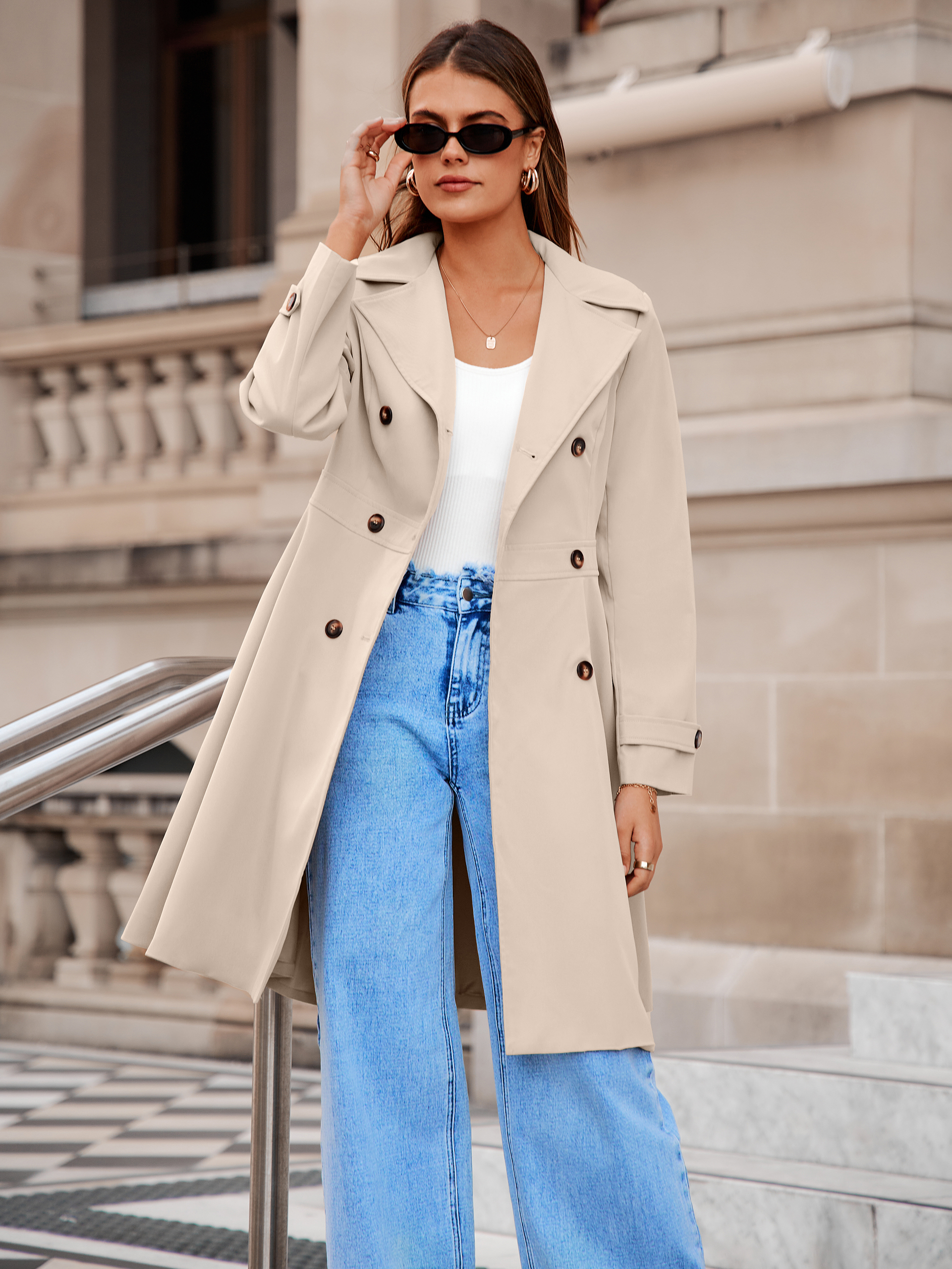 Double Breasted Ruffle Lapel Long Trench Coat - Beige Gray