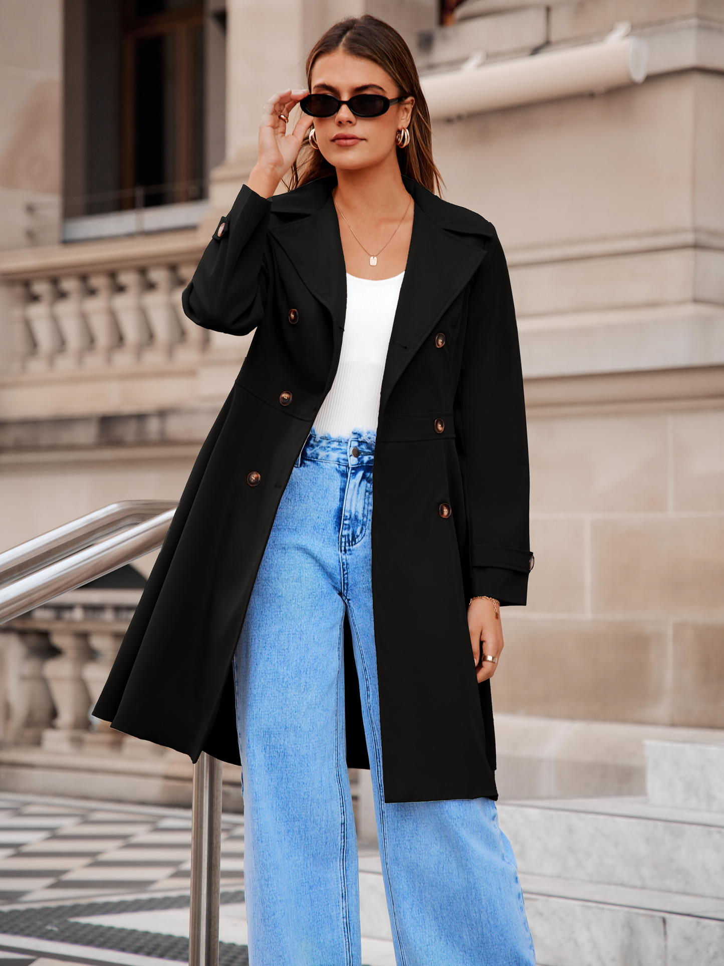 Double Breasted Ruffle Lapel Long Trench Coat - Glamaker