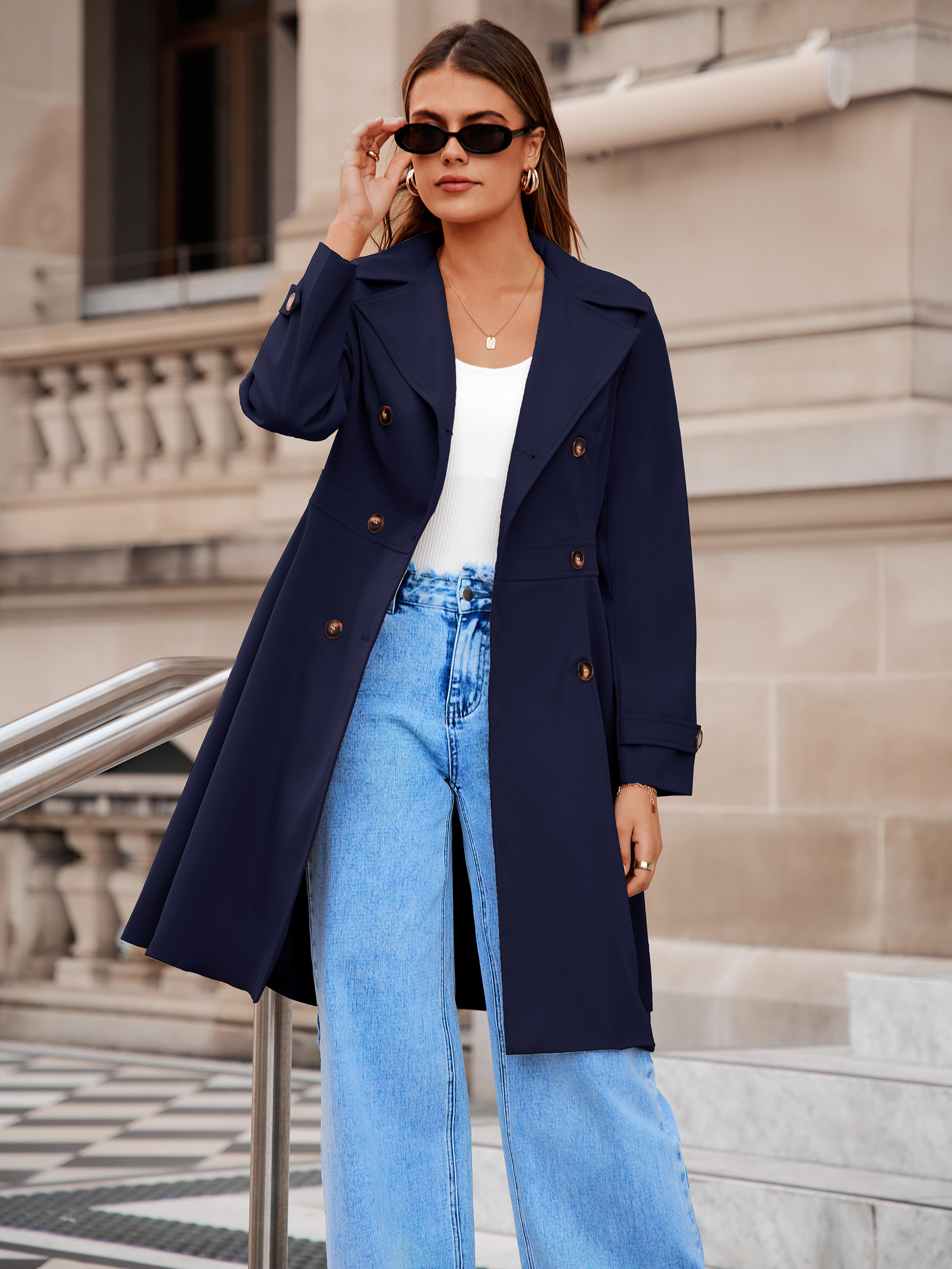 Double Breasted Ruffle Lapel Long Trench Coat - Navy Blue