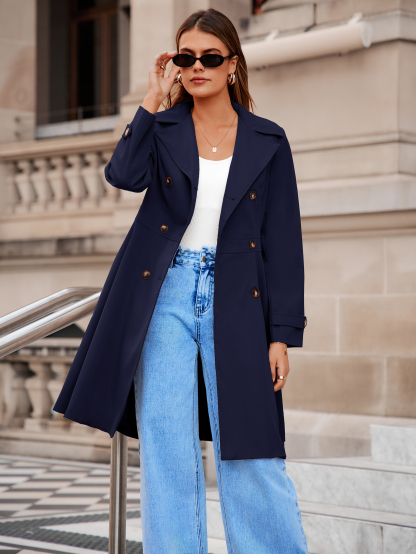 Double Breasted Ruffle Lapel Long Trench Coat - Navy Blue
