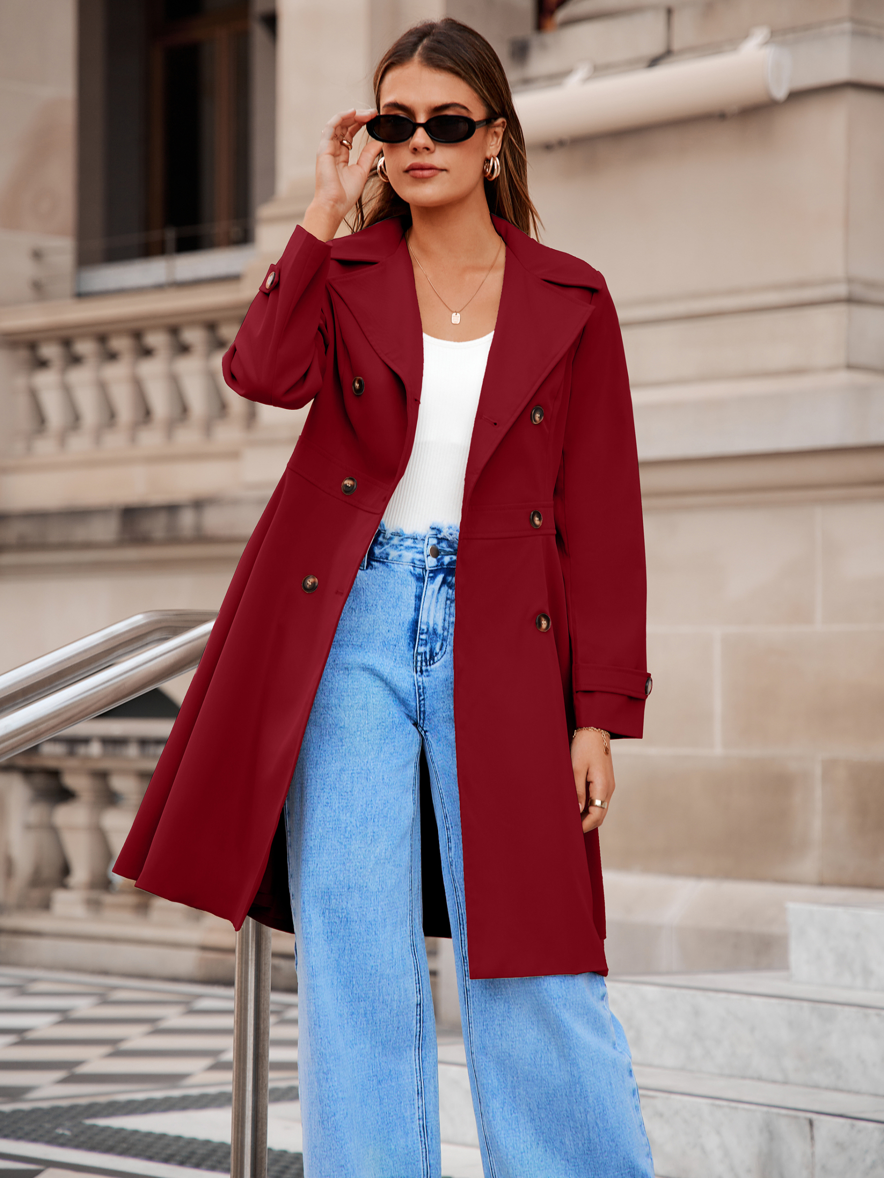 Double Breasted Ruffle Lapel Long Trench Coat - Red
