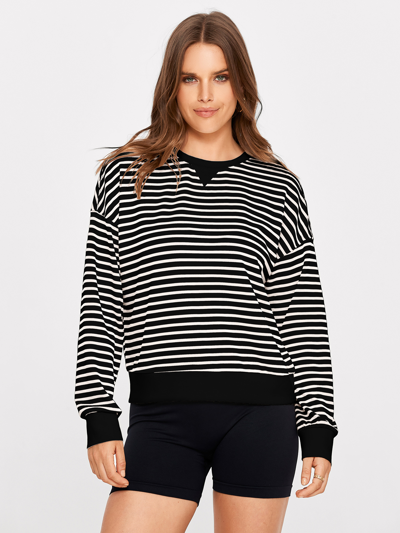 Classic Striped Crewneck Long Sleeve Crop Pullover - White Stripe
