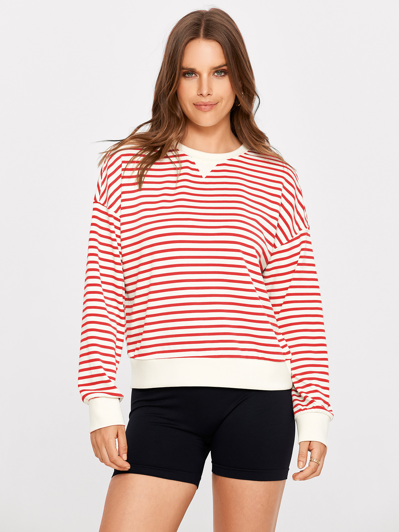 Classic Striped Crewneck Long Sleeve Crop Pullover - Red Stripe