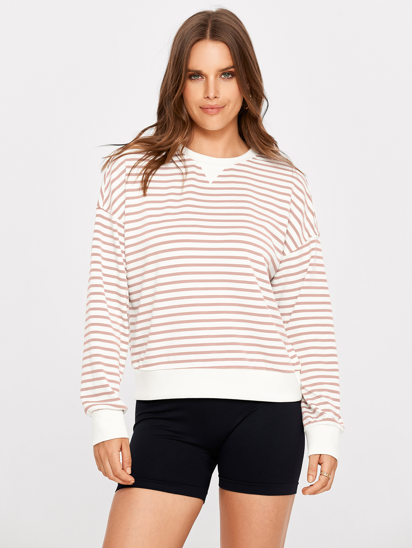 Classic Striped Crewneck Long Sleeve Crop Pullover - Light Khaki Pink Stripe