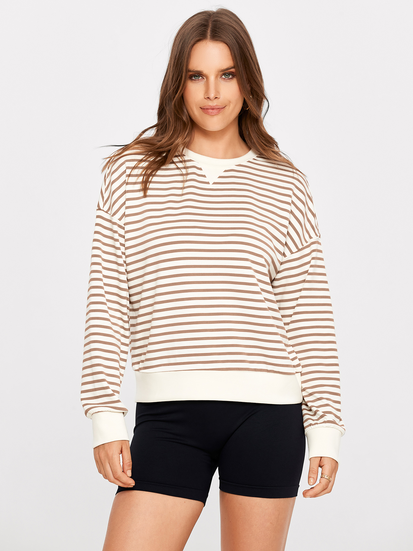 Classic Striped Crewneck Long Sleeve Crop Pullover - Khaki Stripe