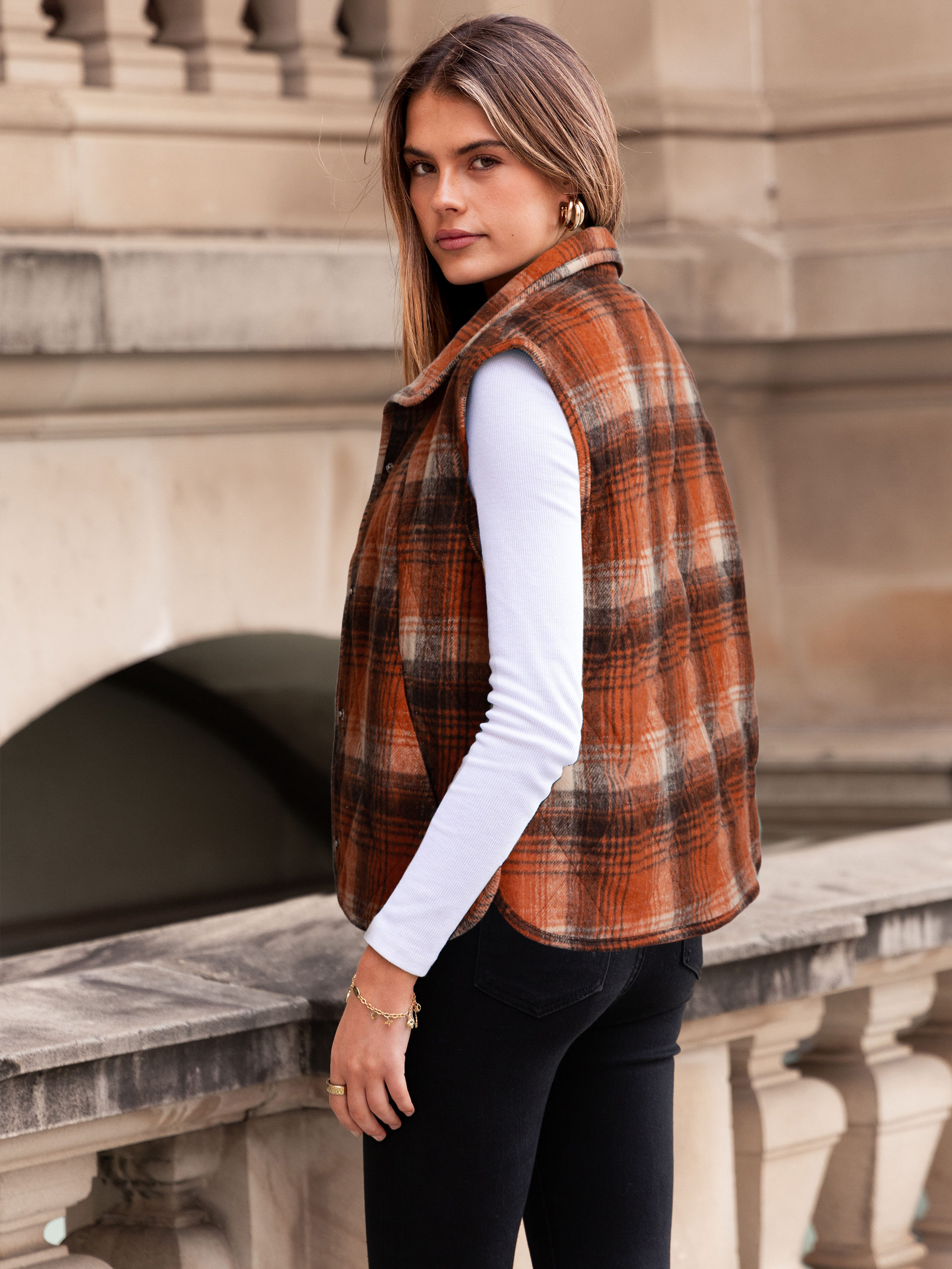 Lightweight Puffer Vest with Button Down - Orange Plaid