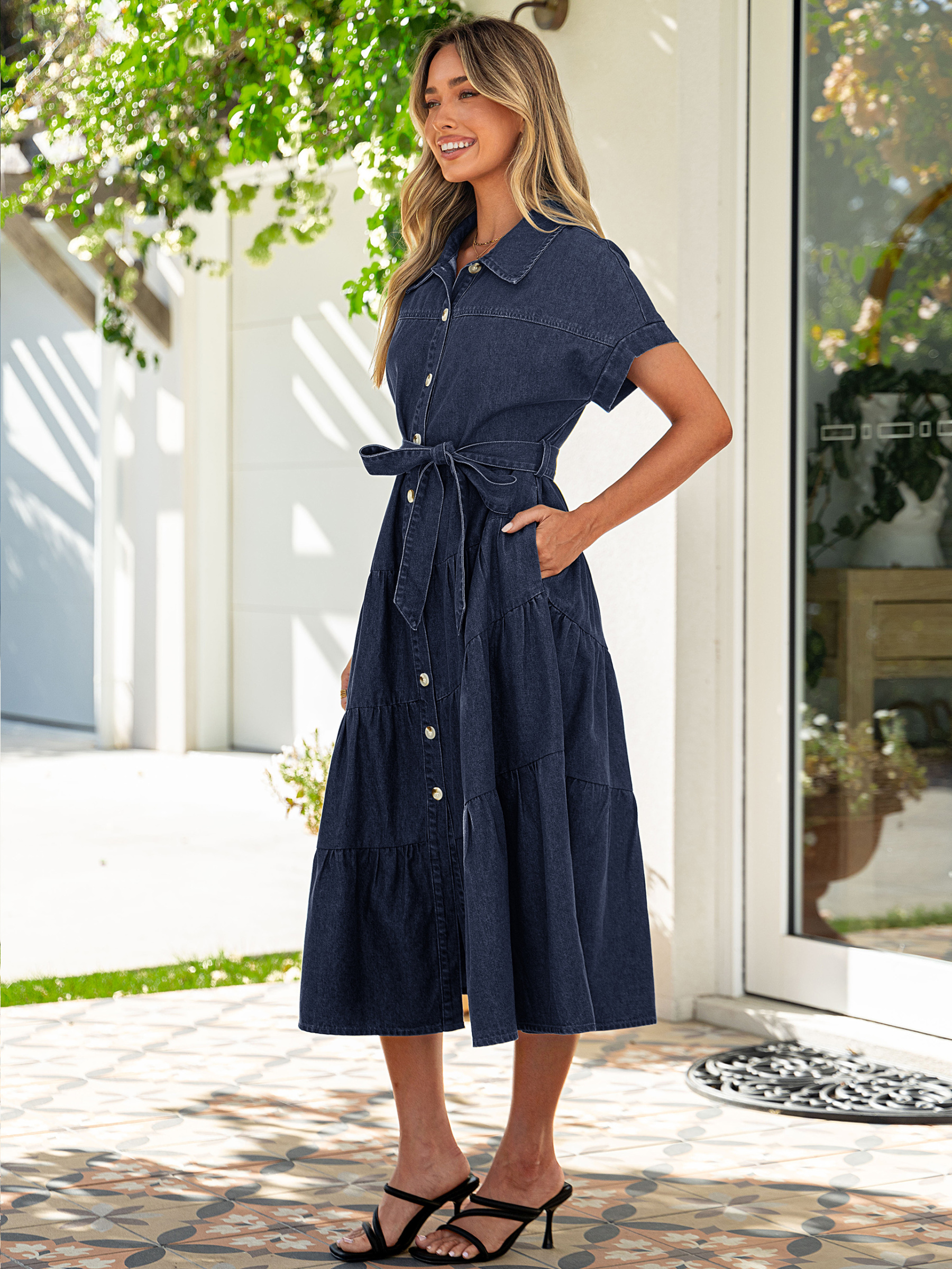 Short Sleeve Denim Belted Tiered Maxi Dress