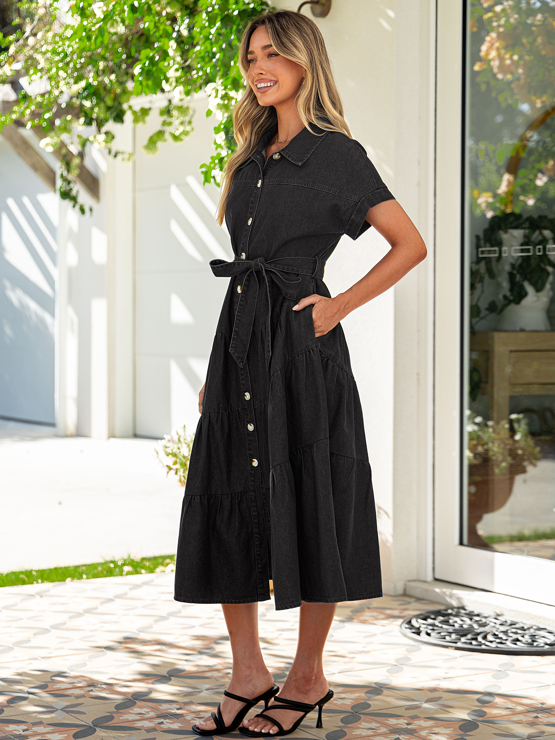 Short Sleeve Denim Belted Tiered Maxi Dress