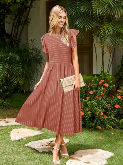 Striped Smocked Midi Dress with Flutter Sleeves - Brick Red