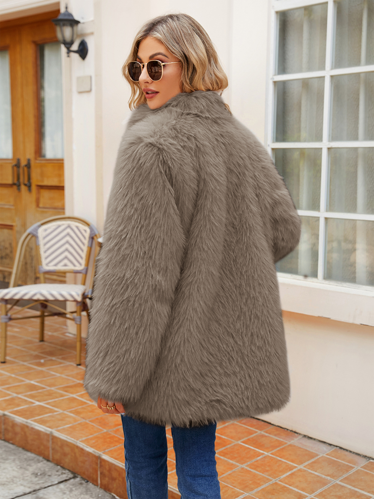Shaggy Faux Fur Jacket with Hidden Closure - Khaki