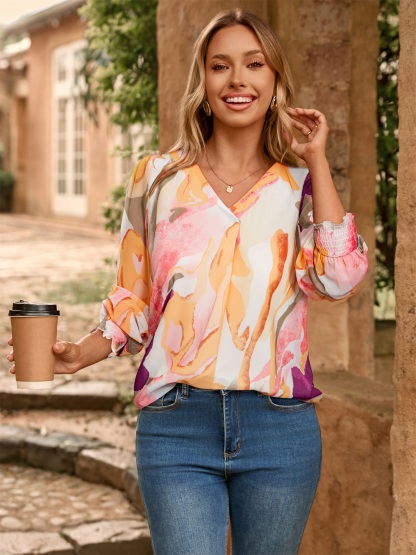 Floral V Neck Long Sleeve Blouse - Pink Yellow