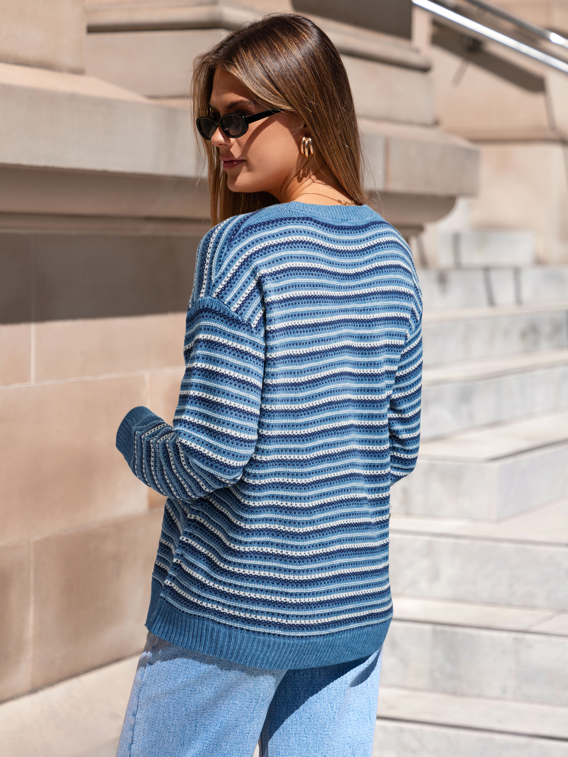 Striped Patchwork Crew Neck Knit Sweater Top
