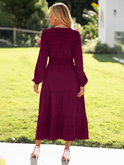 Boho V Neck Swiss Dot Long Sleeve Maxi Dress - Wine Red