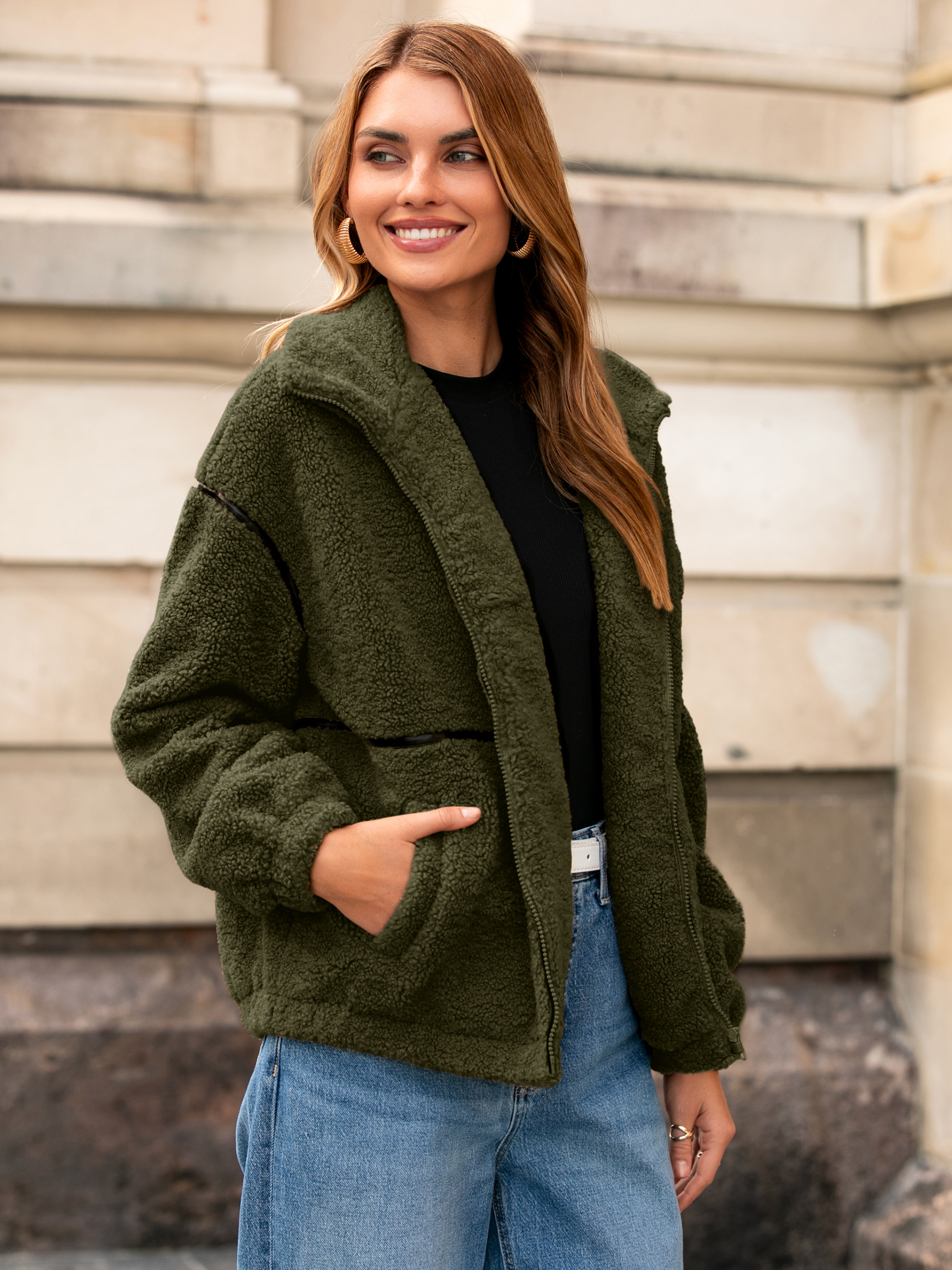 Sherpa Fuzzy Fleece Zip Up Jacket with Pockets