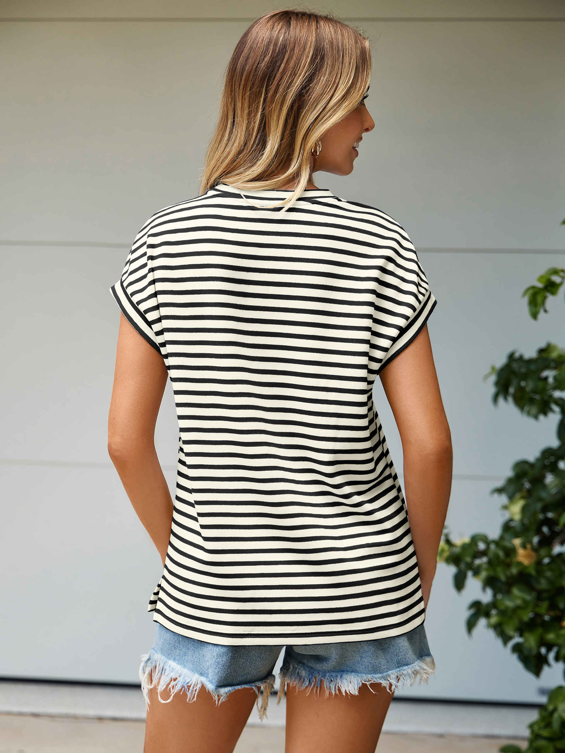 Striped Round Neck Cap Sleeve T-Shirt - Black Striped