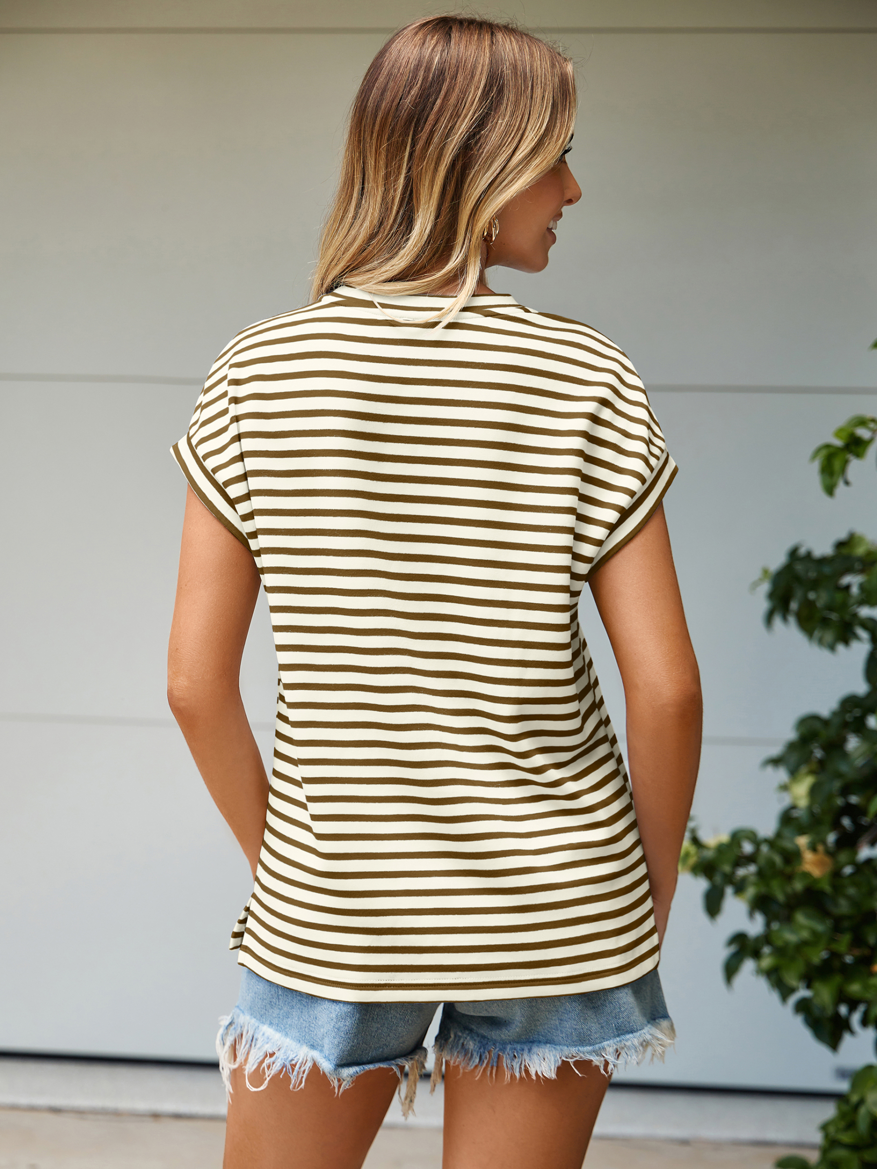 Striped Round Neck Cap Sleeve T-Shirt - Coffee Striped